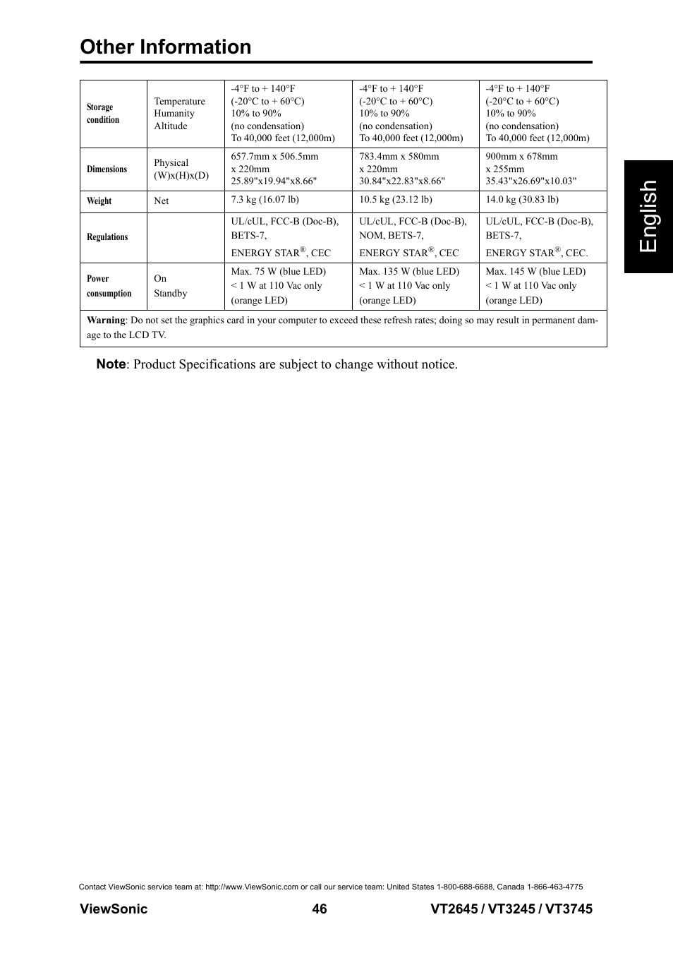English, Other information | VIEWSONIC VS12675-1M User Manual | Page 52 / 55
