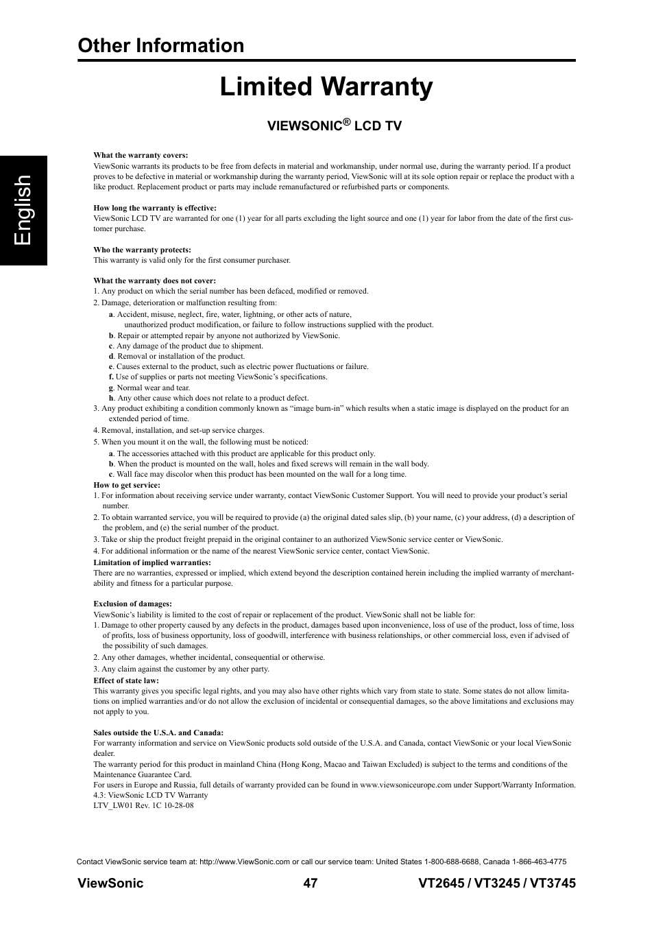 Limited warranty, English, Other information | Viewsonic, Lcd tv | VIEWSONIC VS12675-1M User Manual | Page 53 / 55
