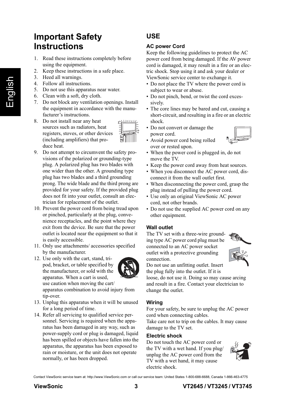 Important safety instructions, Important safety instructions use, English | VIEWSONIC VS12675-1M User Manual | Page 9 / 55
