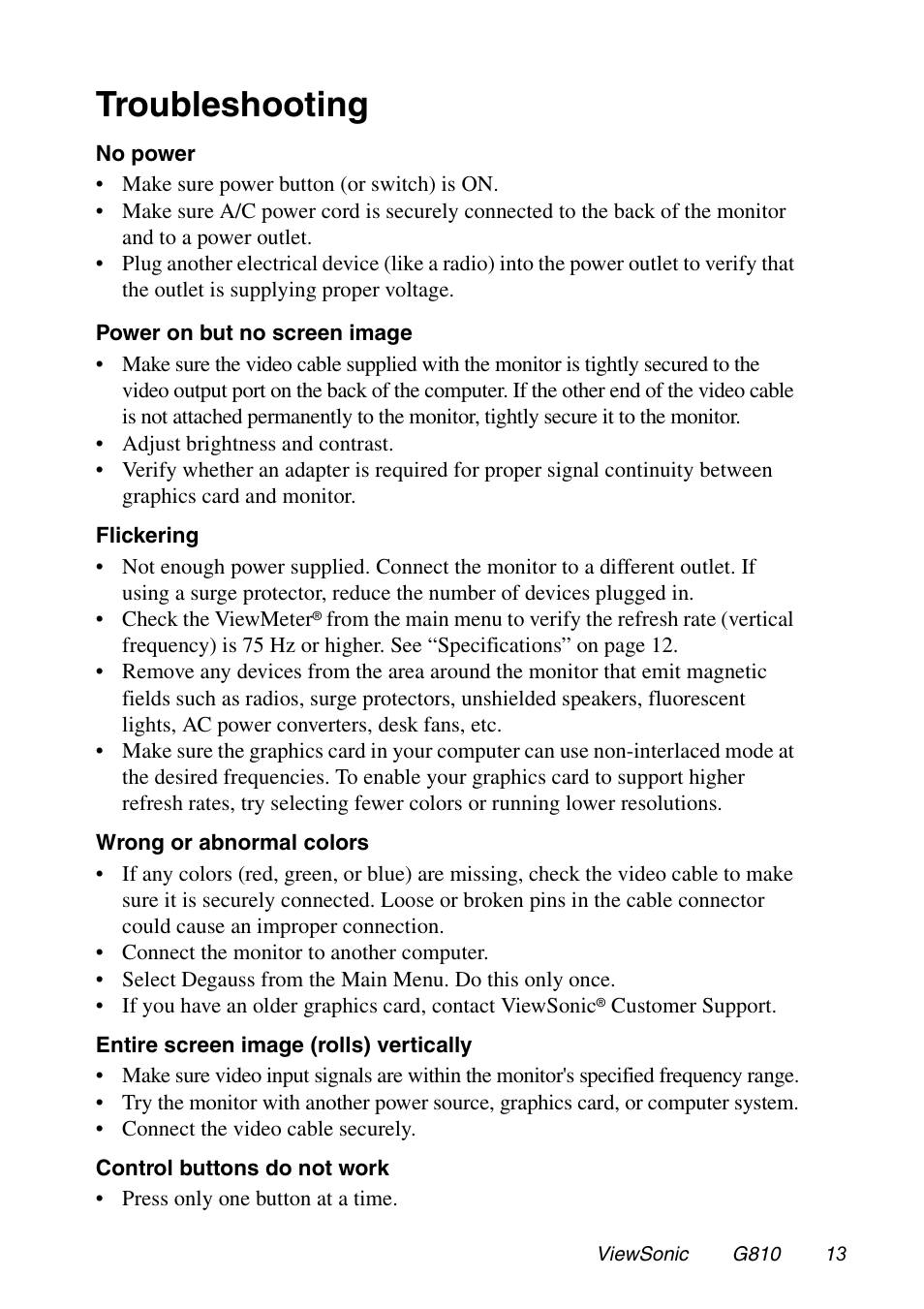 Troubleshooting | VIEWSONIC G810 User Manual | Page 14 / 20