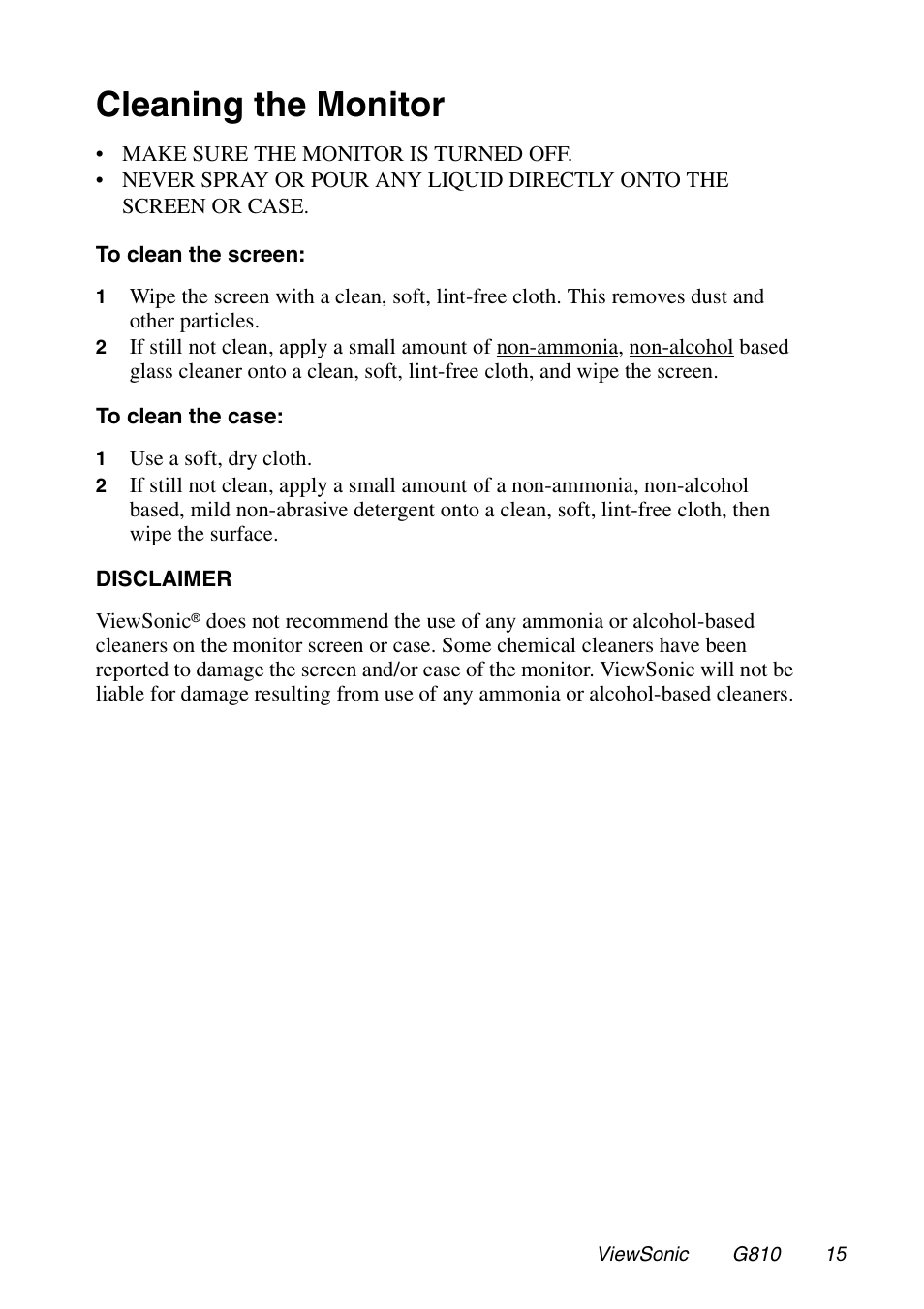 Cleaning the monitor | VIEWSONIC G810 User Manual | Page 16 / 20