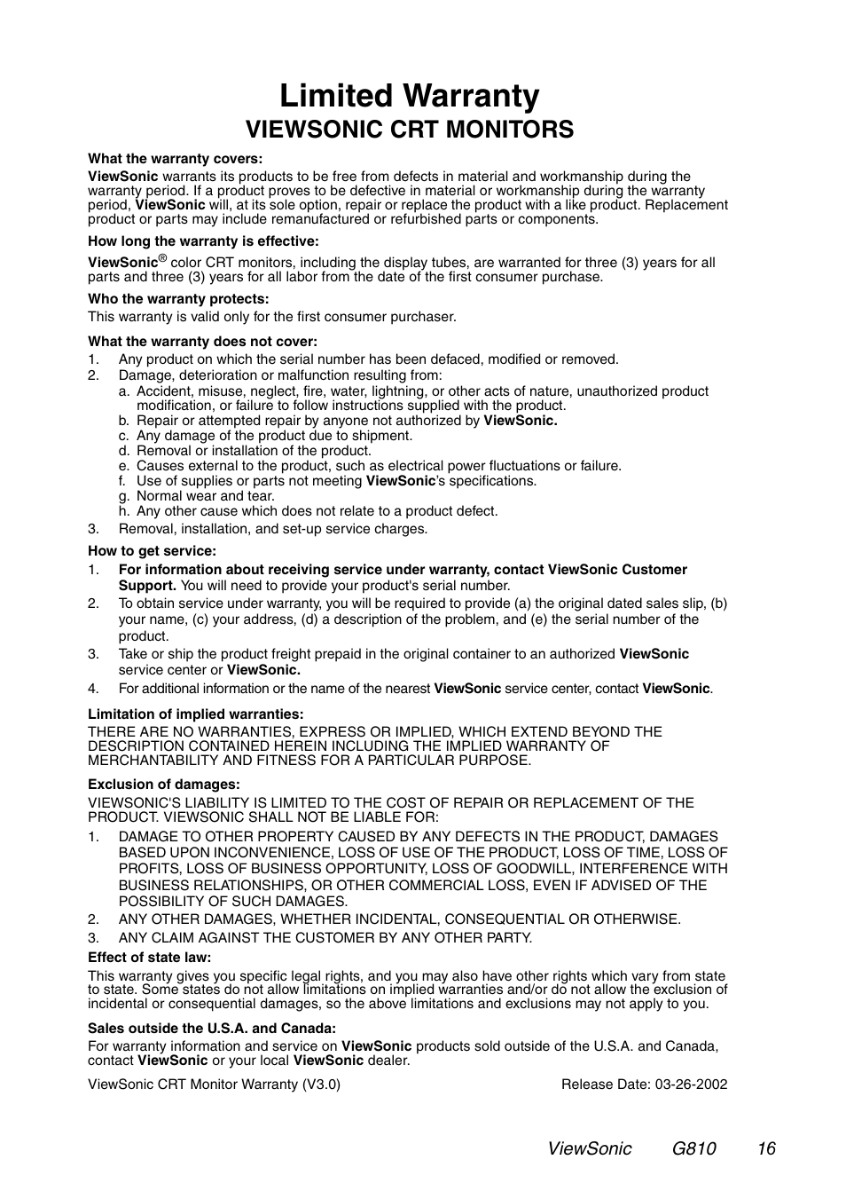 Limited warranty, Viewsonic crt monitors | VIEWSONIC G810 User Manual | Page 17 / 20