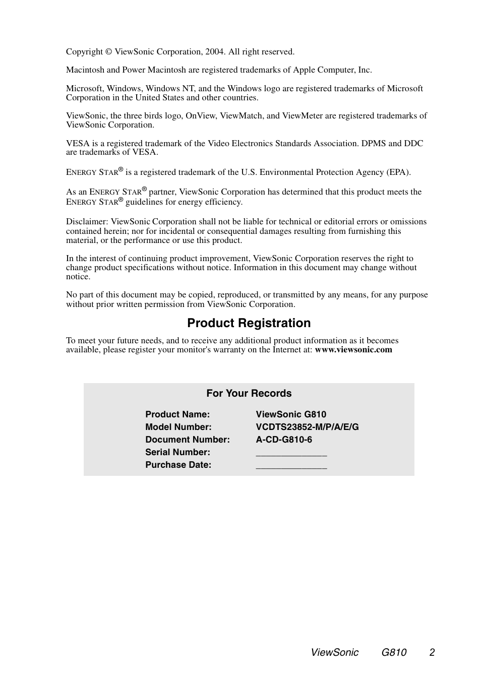 Product registration | VIEWSONIC G810 User Manual | Page 3 / 20