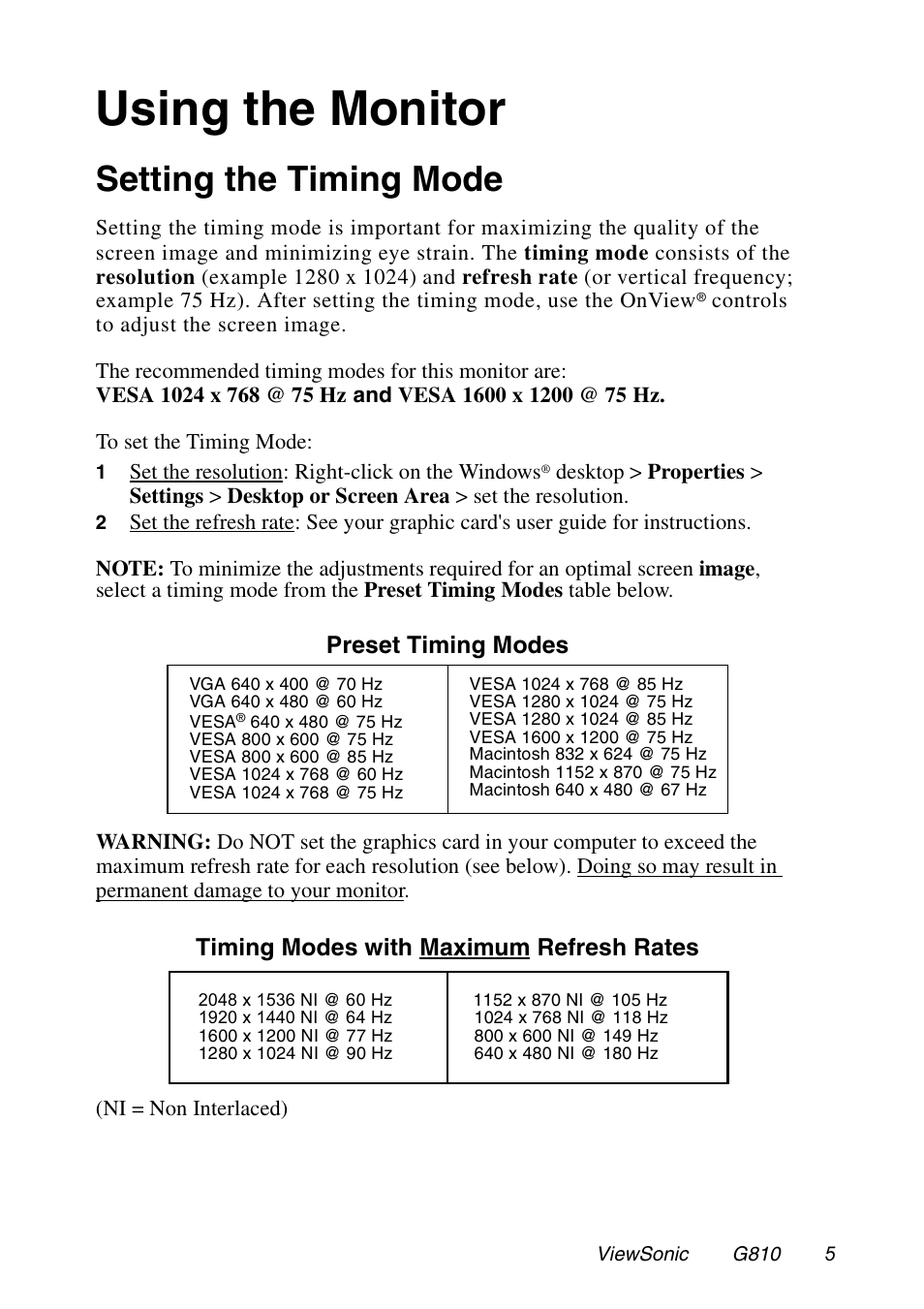 Using the monitor, Setting the timing mode | VIEWSONIC G810 User Manual | Page 6 / 20