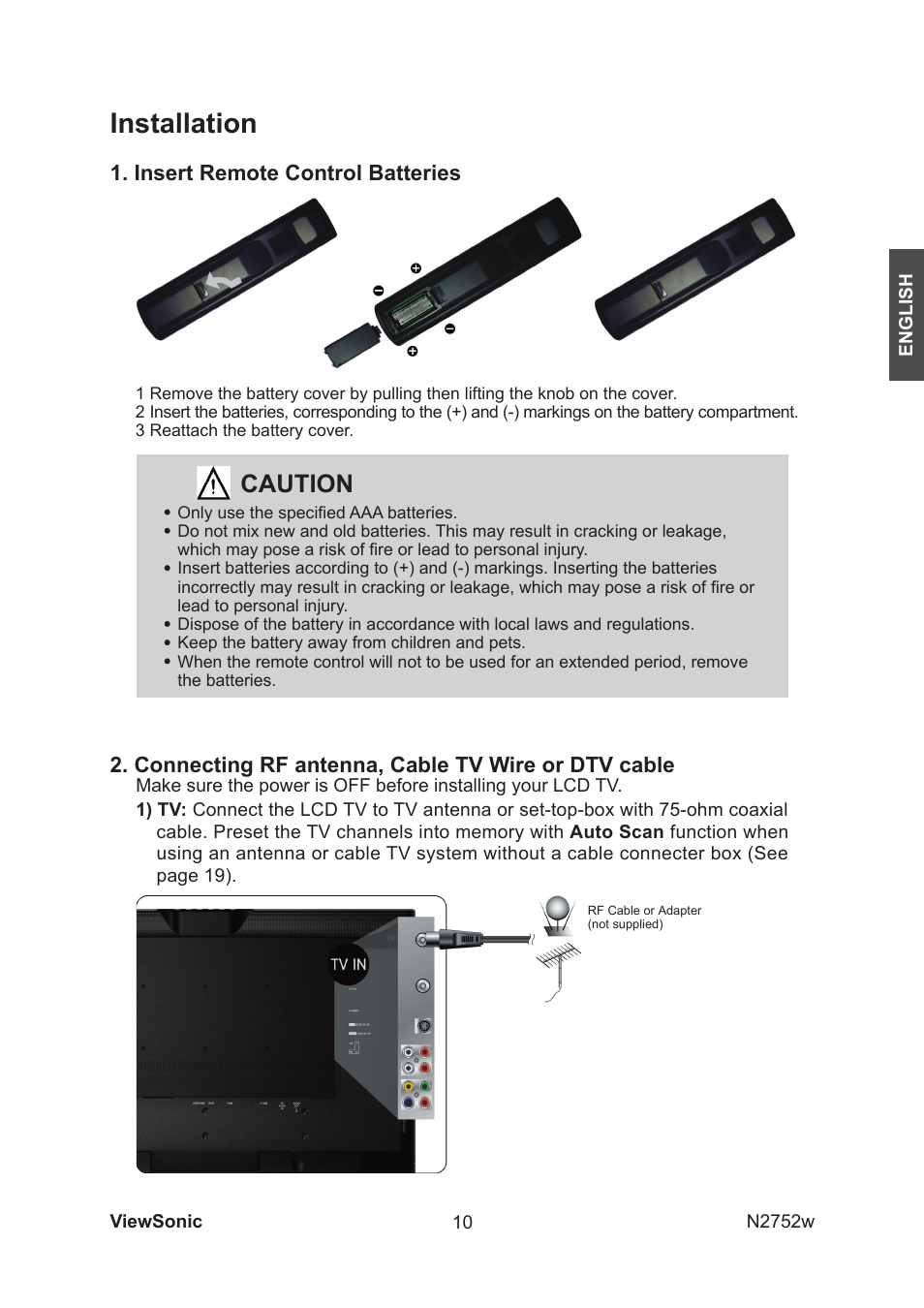 Installation, Caution, Connecting rf antenna, cable tv wire or dtv cable | Insert remote control batteries | VIEWSONIC vs11257-1m User Manual | Page 12 / 35
