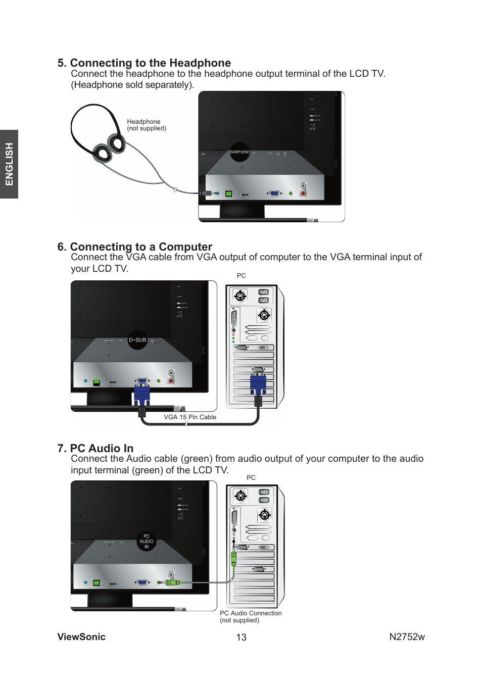 Connecting to the headphone, Connecting to a computer, Pc audio in | VIEWSONIC vs11257-1m User Manual | Page 15 / 35