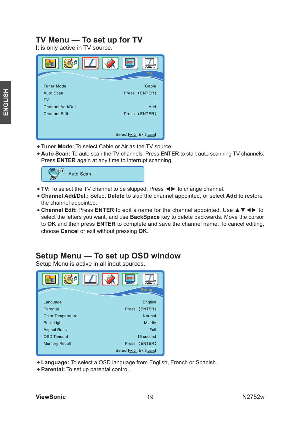 Tv menu — to set up for tv, Setup menu — to set up osd window | VIEWSONIC vs11257-1m User Manual | Page 21 / 35