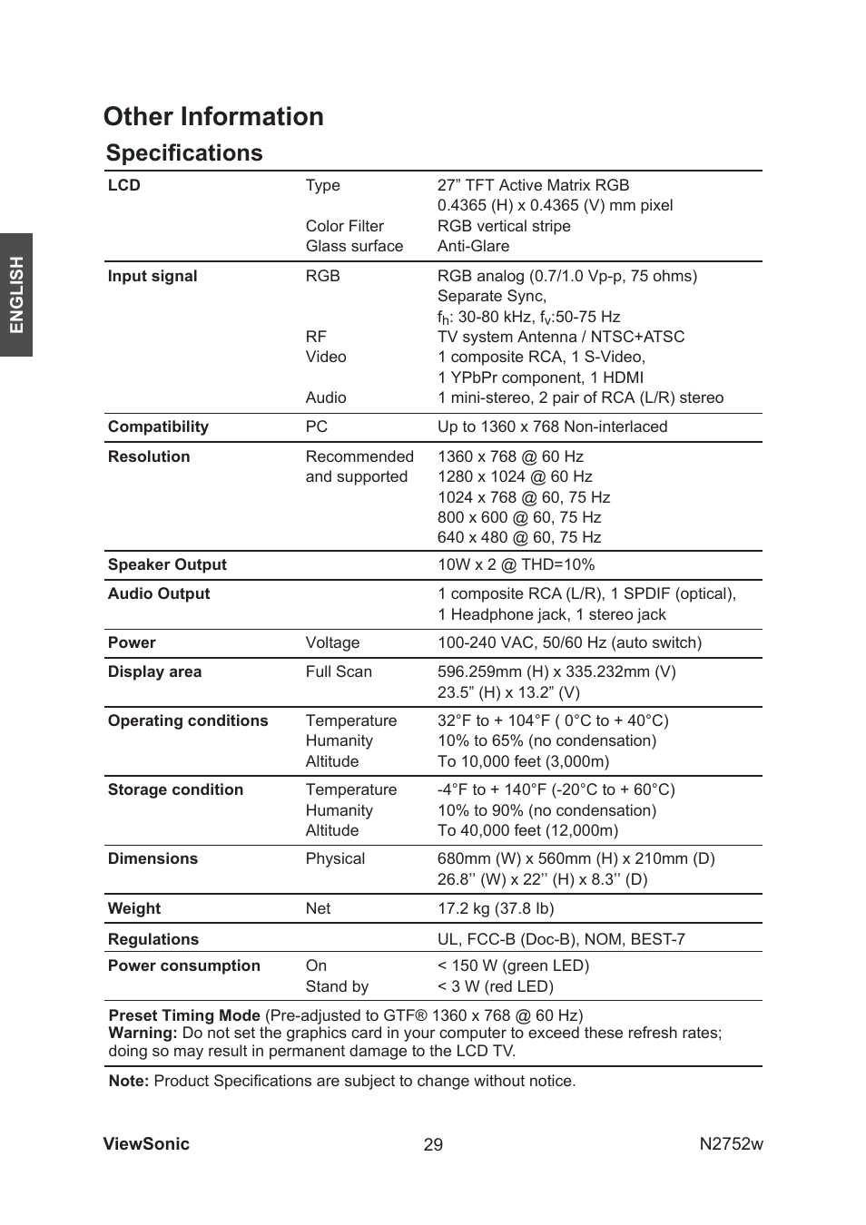 Other information, Speciﬁcations | VIEWSONIC vs11257-1m User Manual | Page 31 / 35