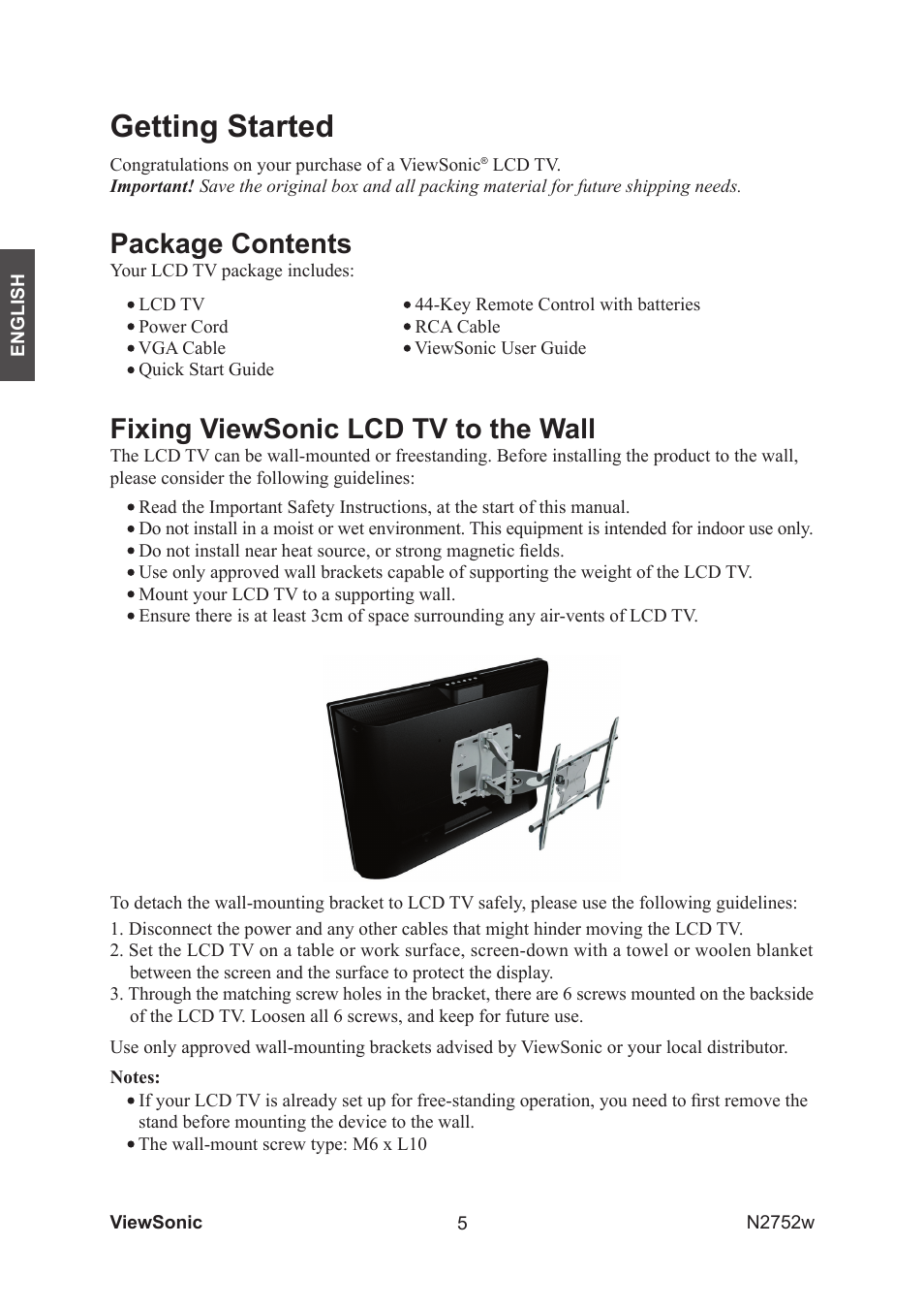 Getting started, Package contents, Fixing viewsonic lcd tv to the wall | VIEWSONIC vs11257-1m User Manual | Page 7 / 35