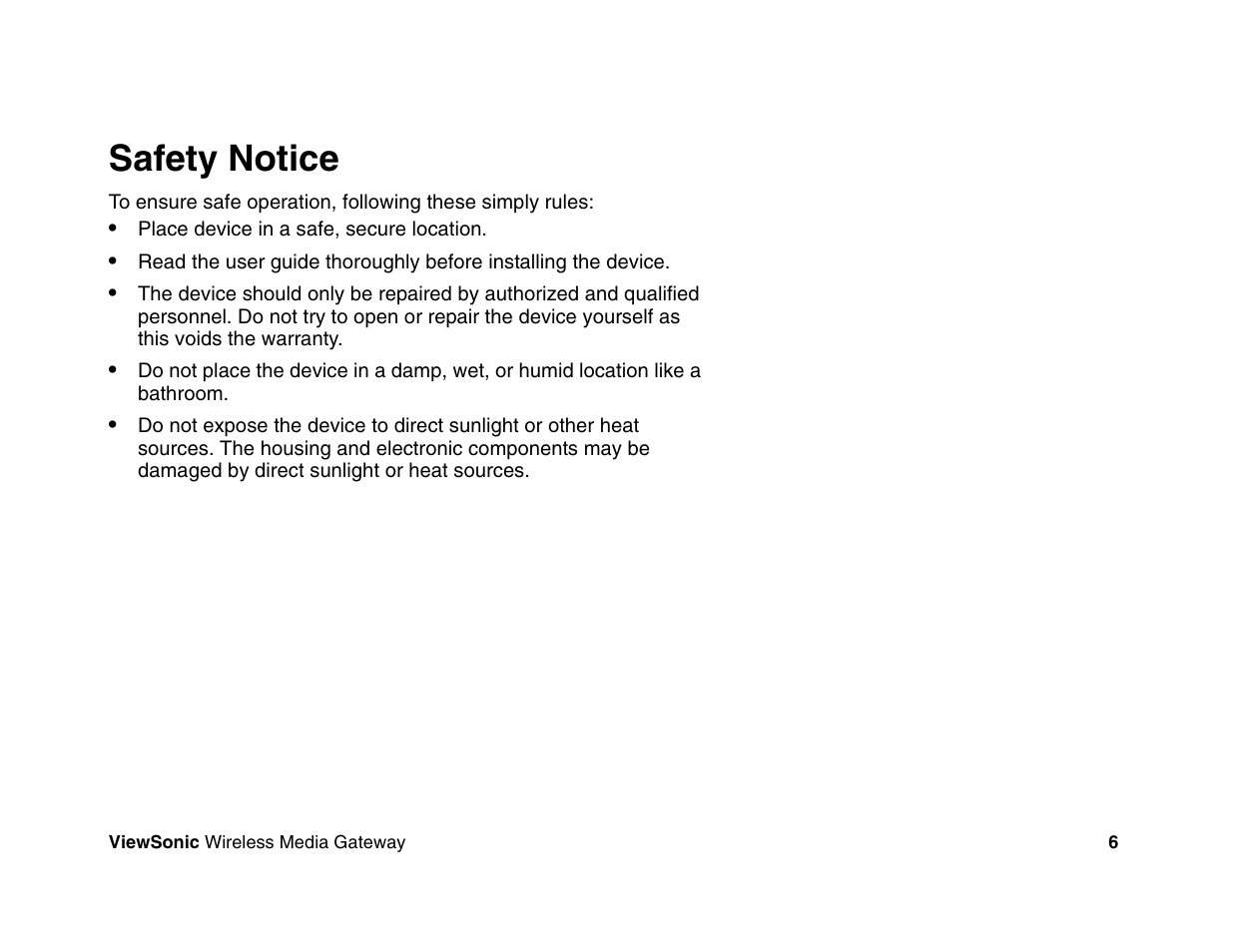 Safety notice | VIEWSONIC Wireless Media Gateway WMG80 User Manual | Page 12 / 105