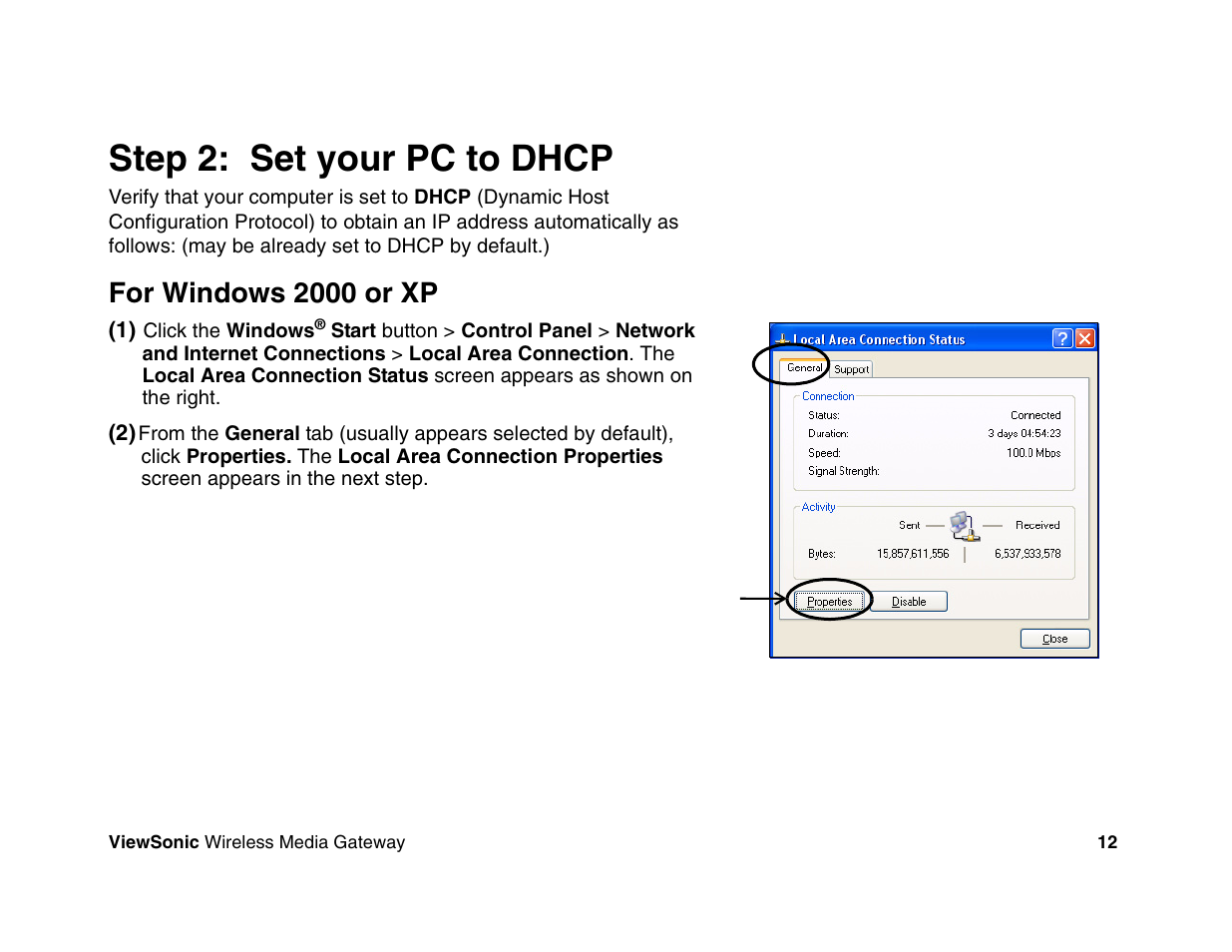 Step 2: set your pc to dhcp, For windows 2000 or xp | VIEWSONIC Wireless Media Gateway WMG80 User Manual | Page 18 / 105