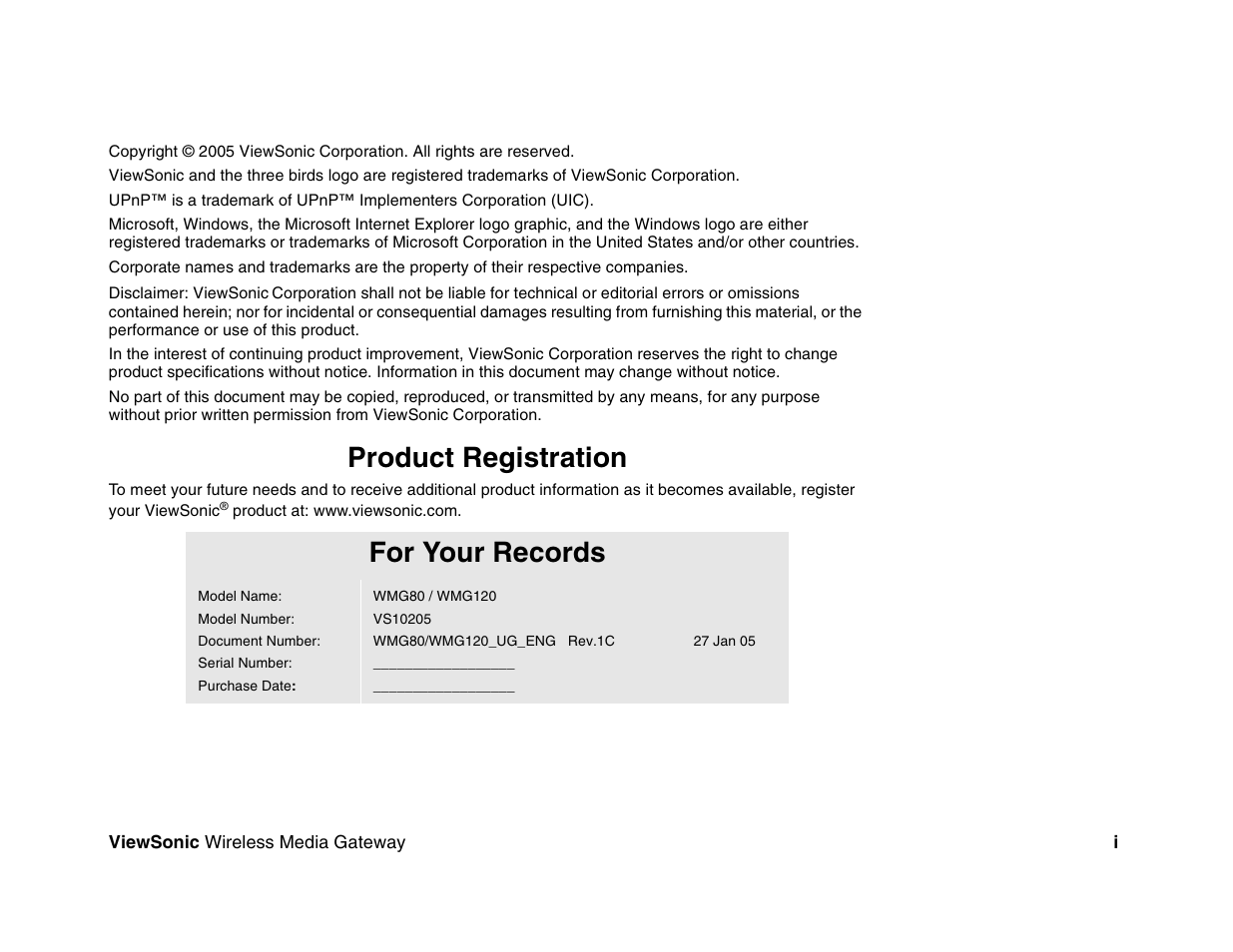 Product registration, For your records | VIEWSONIC Wireless Media Gateway WMG80 User Manual | Page 2 / 105