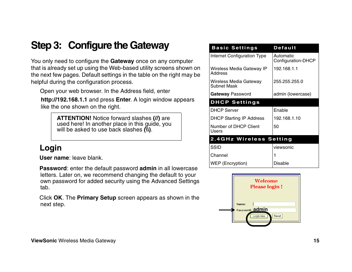 Step 3: configure the gateway, Login | VIEWSONIC Wireless Media Gateway WMG80 User Manual | Page 21 / 105