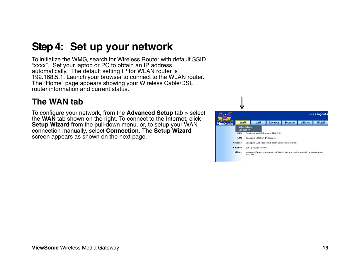 Step 4: set up your network | VIEWSONIC Wireless Media Gateway WMG80 User Manual | Page 25 / 105