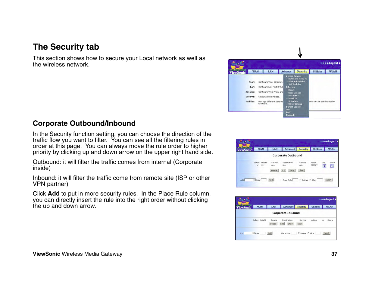 The security tab | VIEWSONIC Wireless Media Gateway WMG80 User Manual | Page 43 / 105