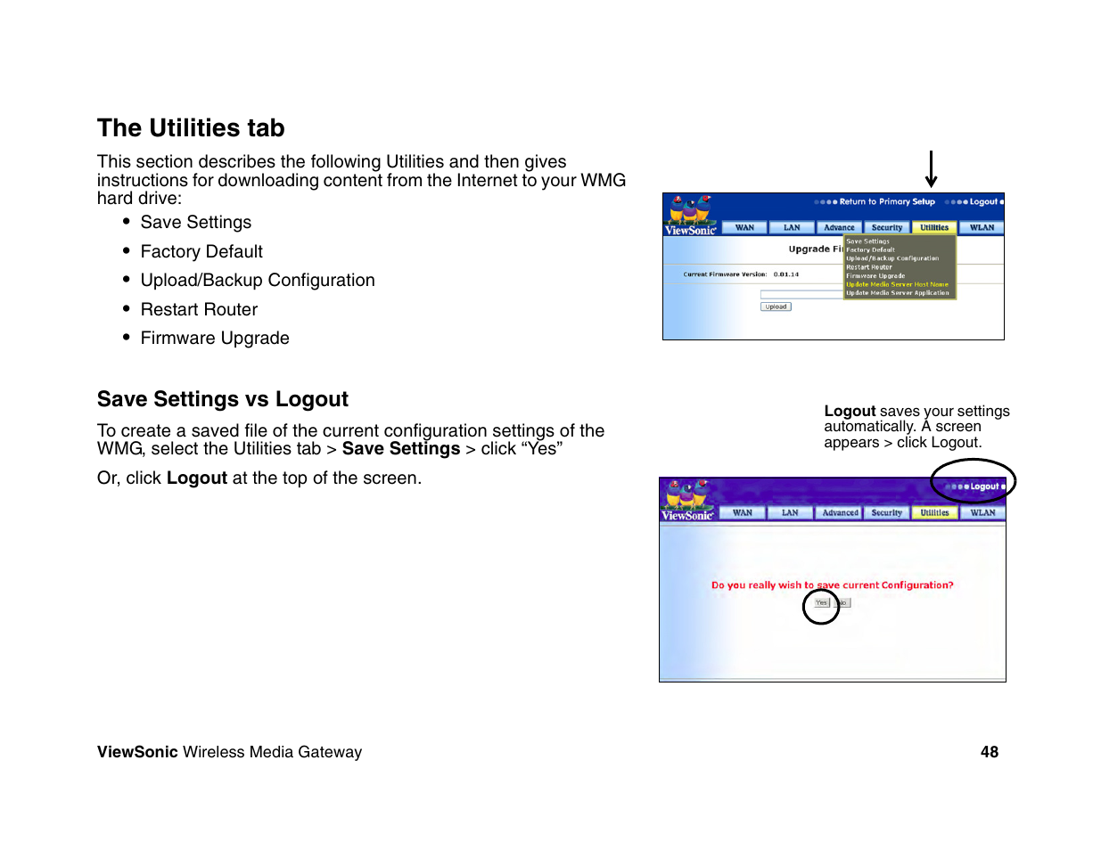 The utilities tab | VIEWSONIC Wireless Media Gateway WMG80 User Manual | Page 54 / 105