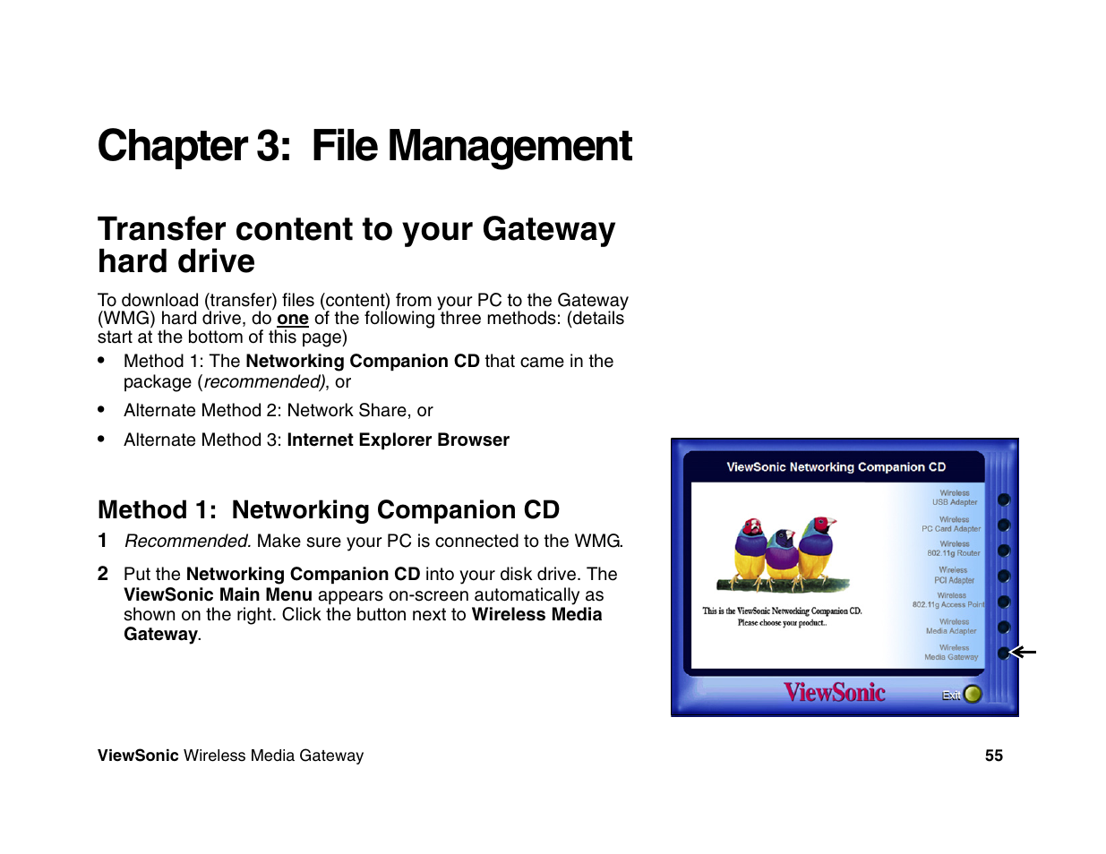 Chapter 3: file management, Transfer content to your gateway hard drive | VIEWSONIC Wireless Media Gateway WMG80 User Manual | Page 61 / 105