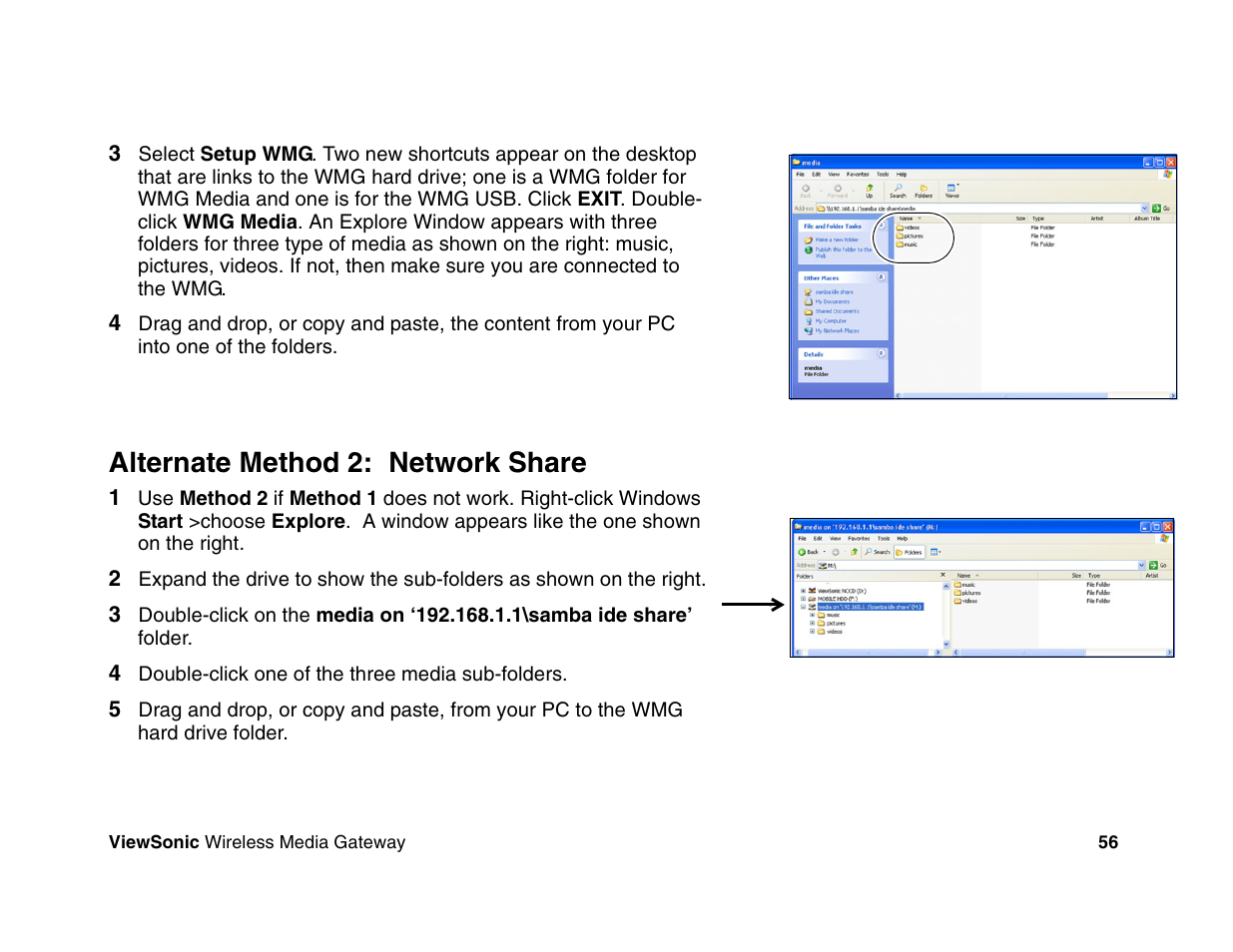 Alternate method 2: network share | VIEWSONIC Wireless Media Gateway WMG80 User Manual | Page 62 / 105