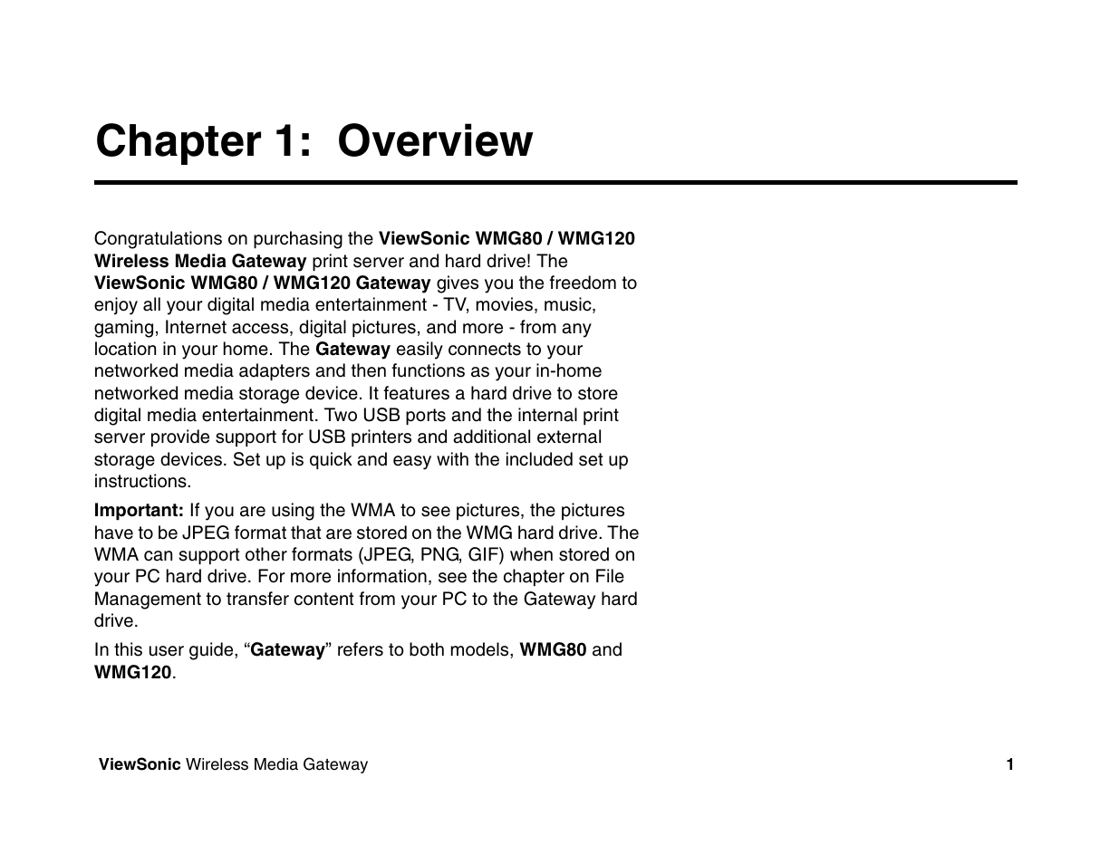 Chapter 1: overview | VIEWSONIC Wireless Media Gateway WMG80 User Manual | Page 7 / 105