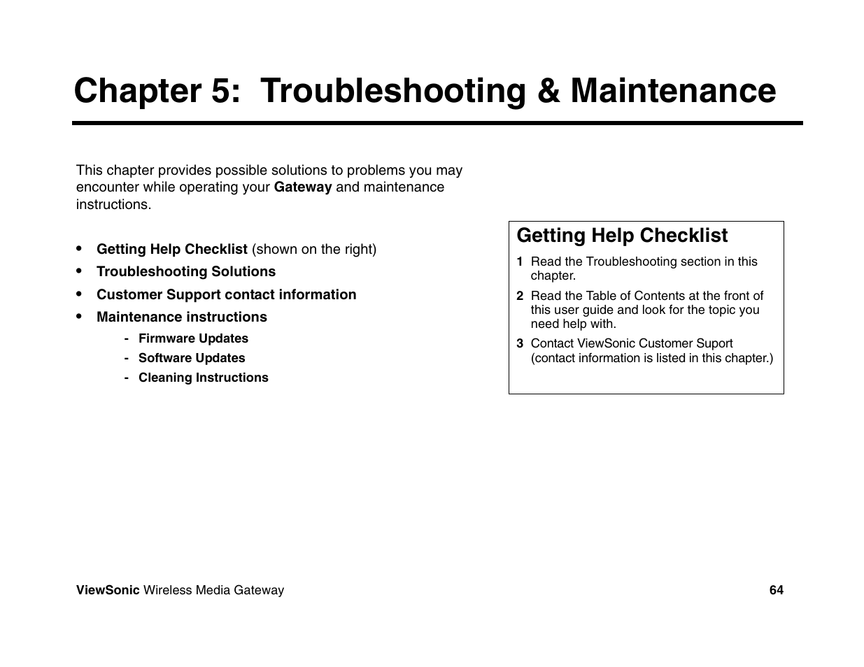 Chapter 5: troubleshooting & maintenance, Getting help checklist | VIEWSONIC Wireless Media Gateway WMG80 User Manual | Page 70 / 105