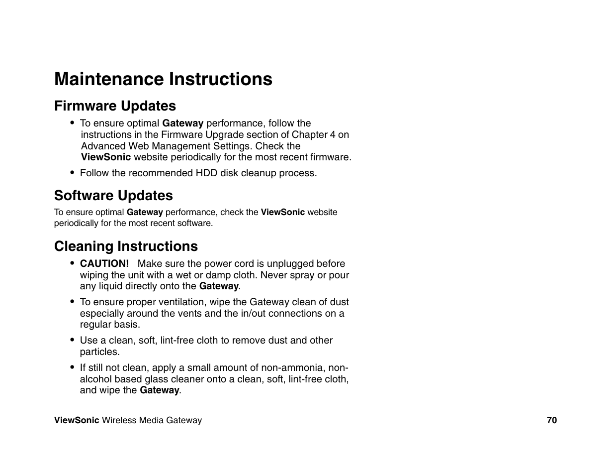 Maintenance instructions, Firmware updates, Software updates | Cleaning instructions | VIEWSONIC Wireless Media Gateway WMG80 User Manual | Page 76 / 105