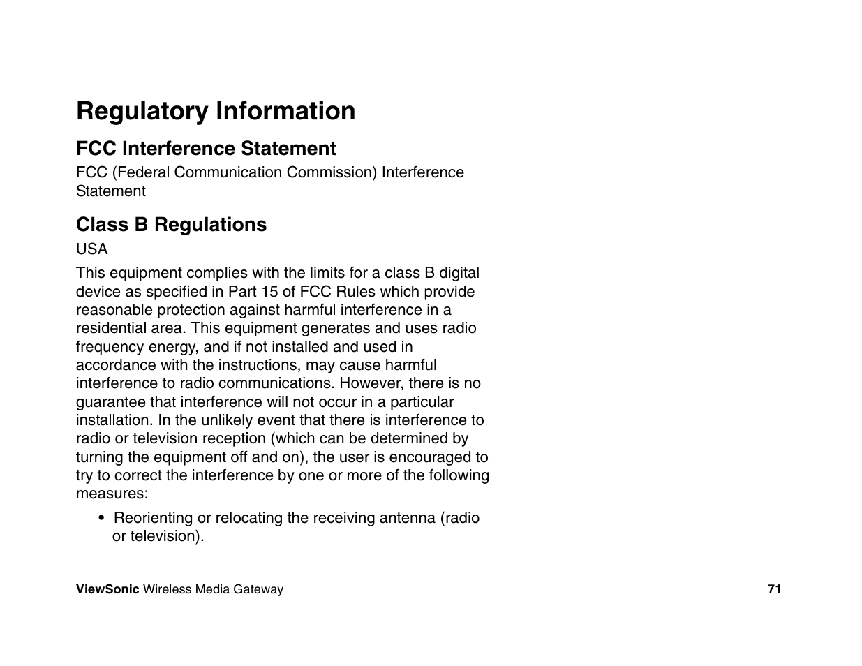 Regulatory information | VIEWSONIC Wireless Media Gateway WMG80 User Manual | Page 77 / 105