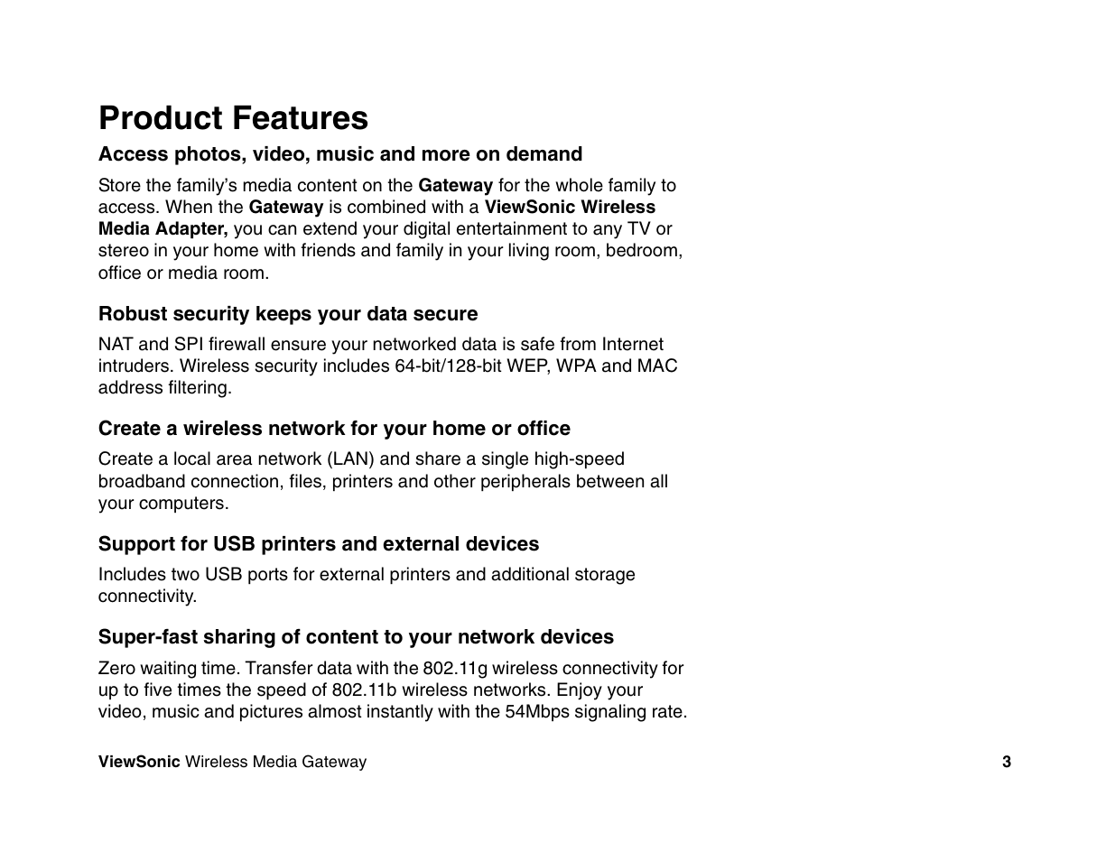 Product features | VIEWSONIC Wireless Media Gateway WMG80 User Manual | Page 9 / 105