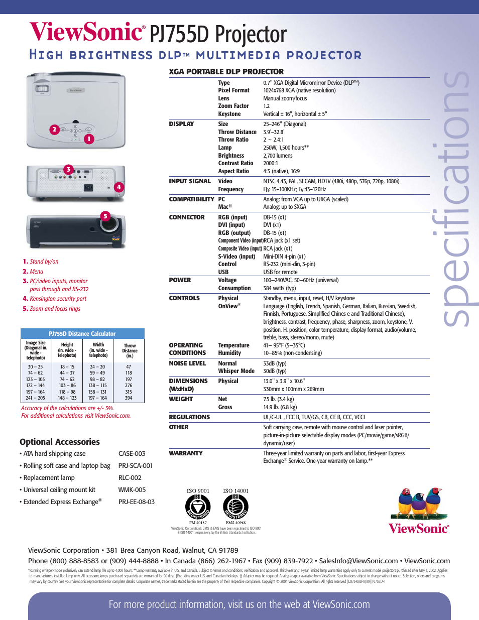 Sp ecifications, Projector, High brightness dlp | Multimedia projector | VIEWSONIC DLP PJ755D User Manual | Page 2 / 2