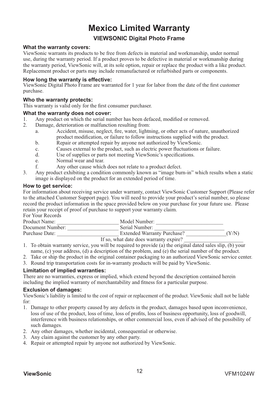 Mexico limited warranty | VIEWSONIC VFM1024W User Manual | Page 16 / 18