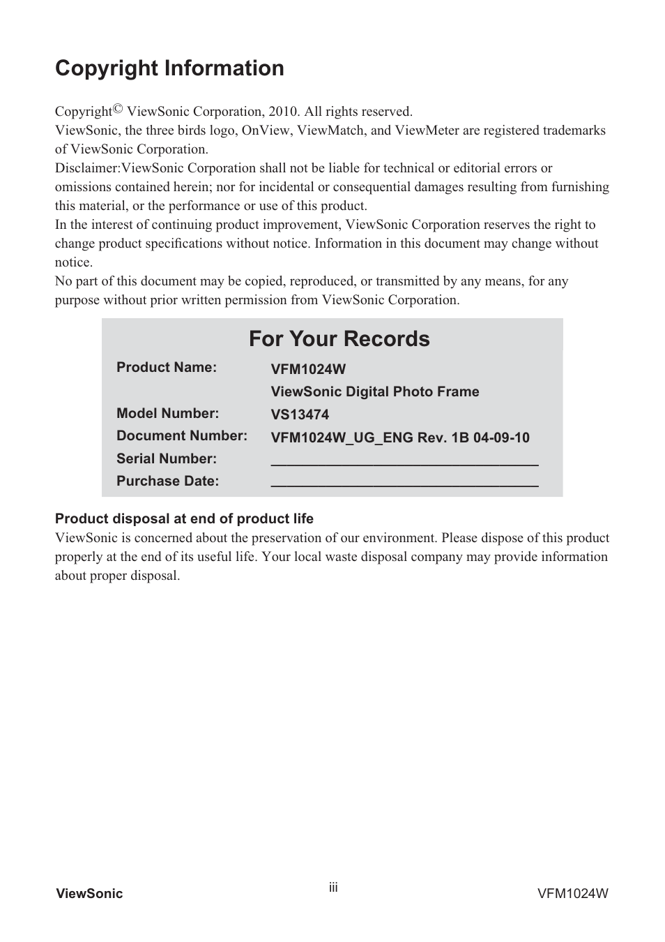 Copyright information, For your records | VIEWSONIC VFM1024W User Manual | Page 4 / 18