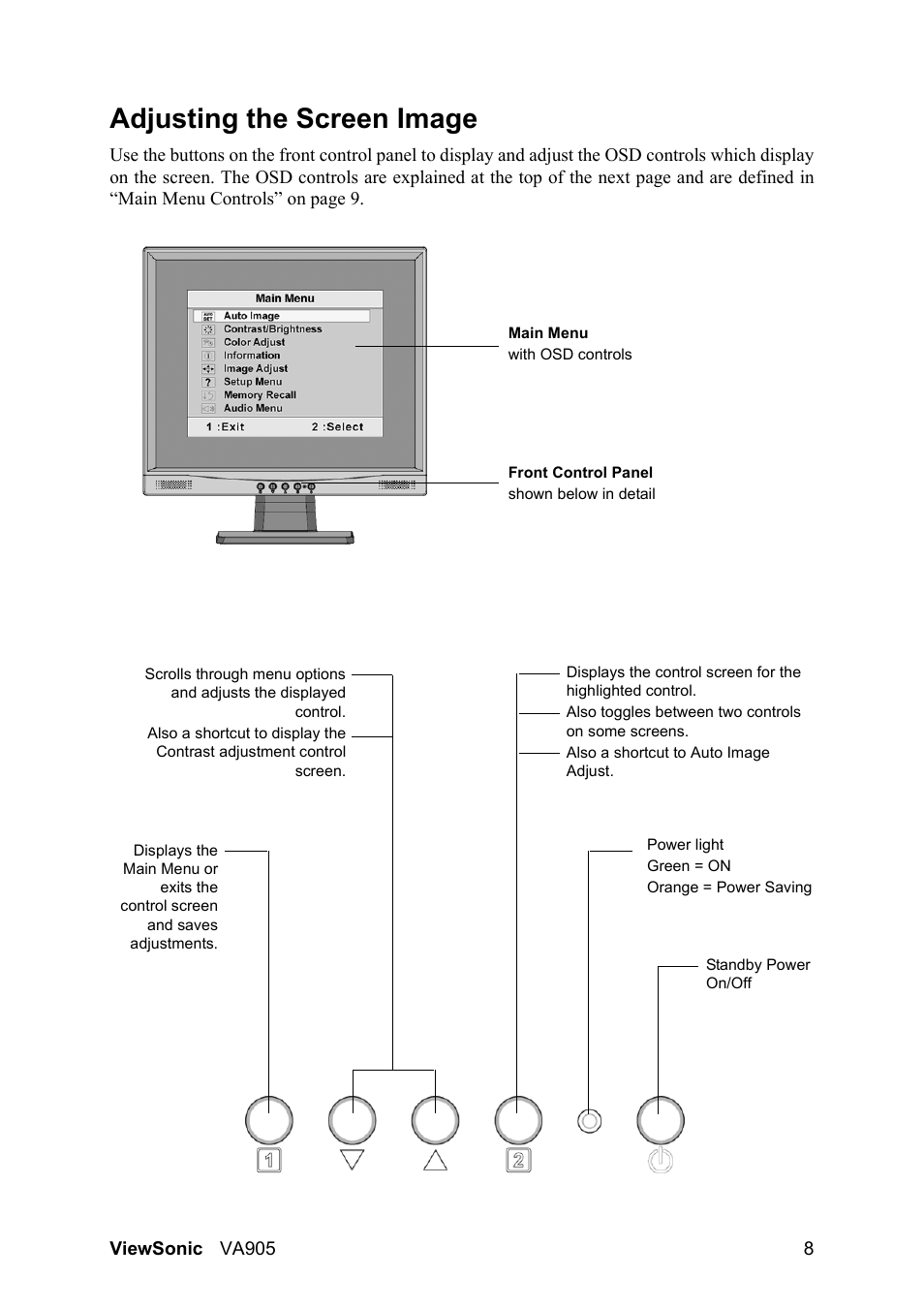 Adjusting the screen image | VIEWSONIC VA905 User Manual | Page 10 / 20
