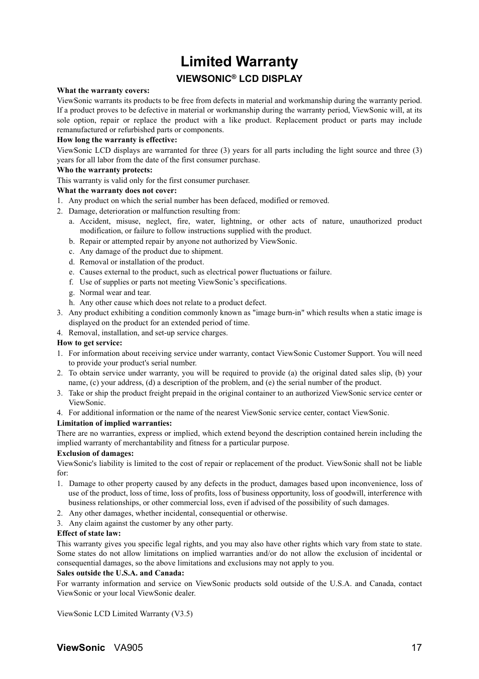 Limited warranty | VIEWSONIC VA905 User Manual | Page 19 / 20