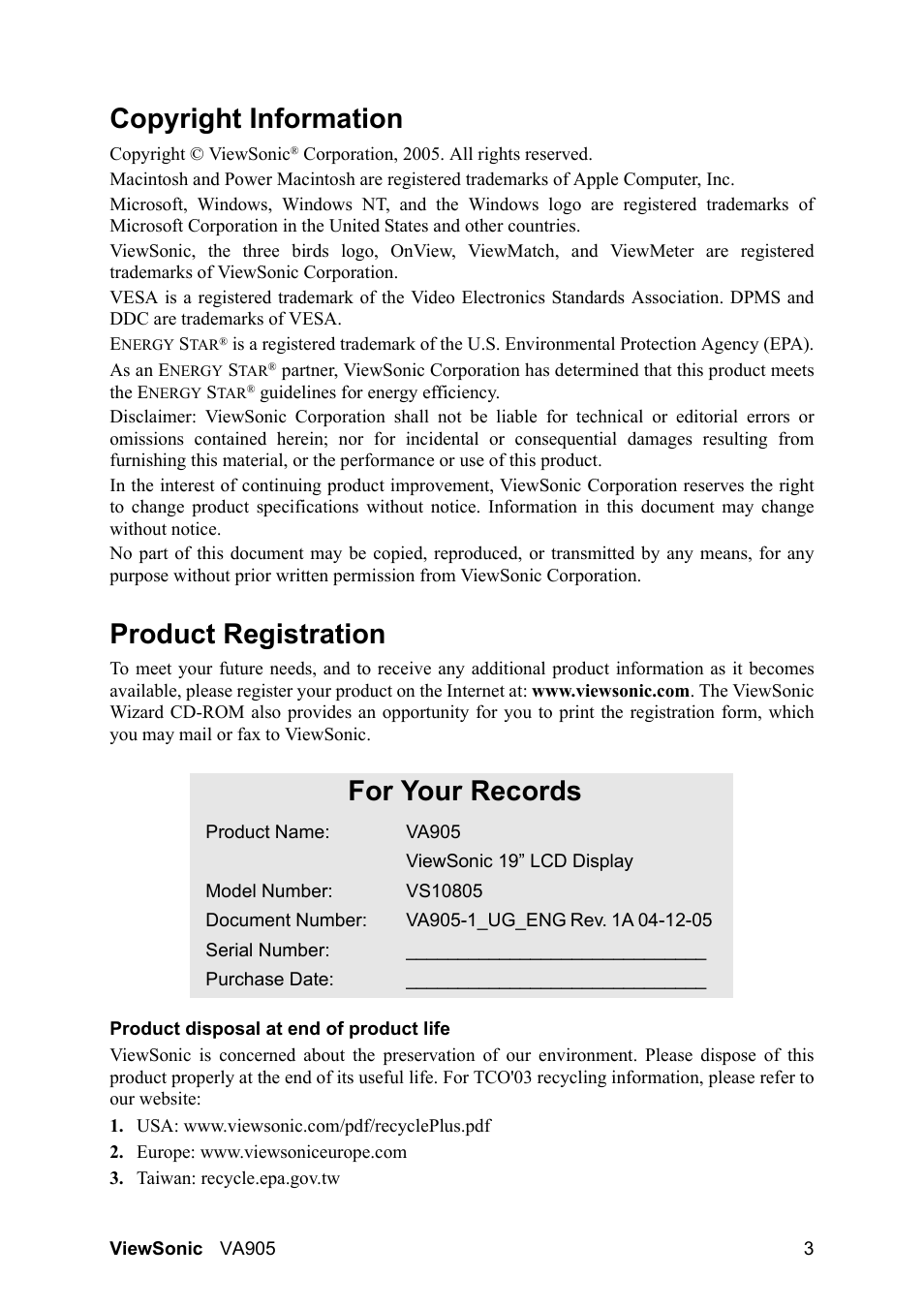 Copyright information, Product registration, For your records | VIEWSONIC VA905 User Manual | Page 5 / 20