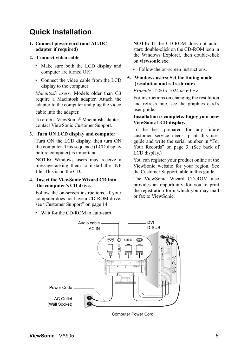 Quick installation | VIEWSONIC VA905 User Manual | Page 7 / 20
