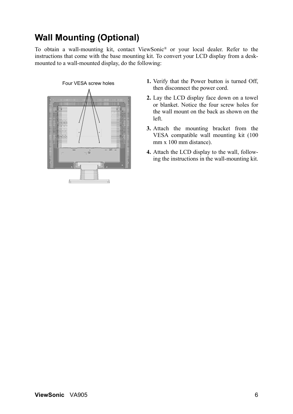 Wall mounting (optional) | VIEWSONIC VA905 User Manual | Page 8 / 20