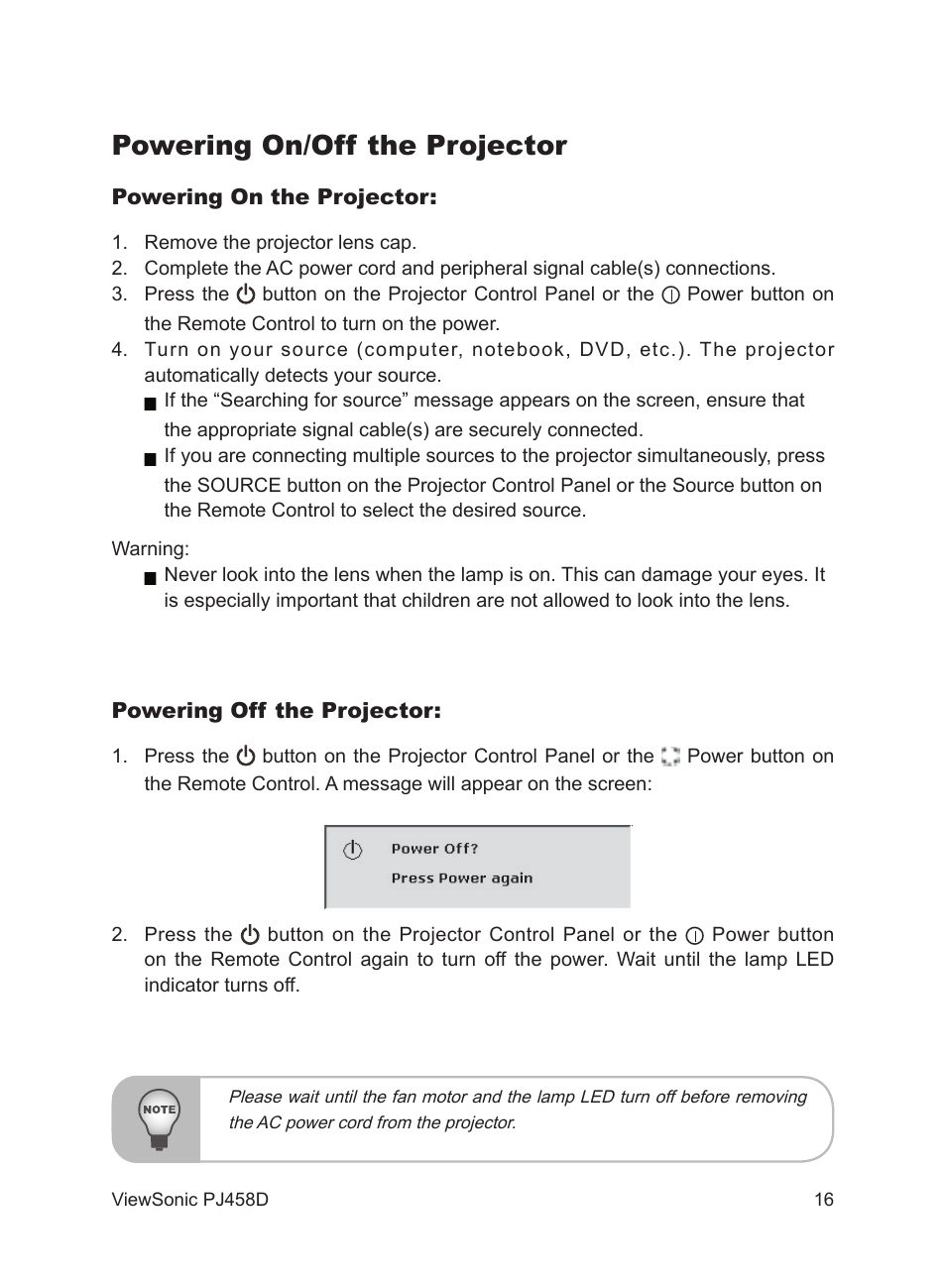 Powering on/off the projector | VIEWSONIC PJ458D User Manual | Page 17 / 42