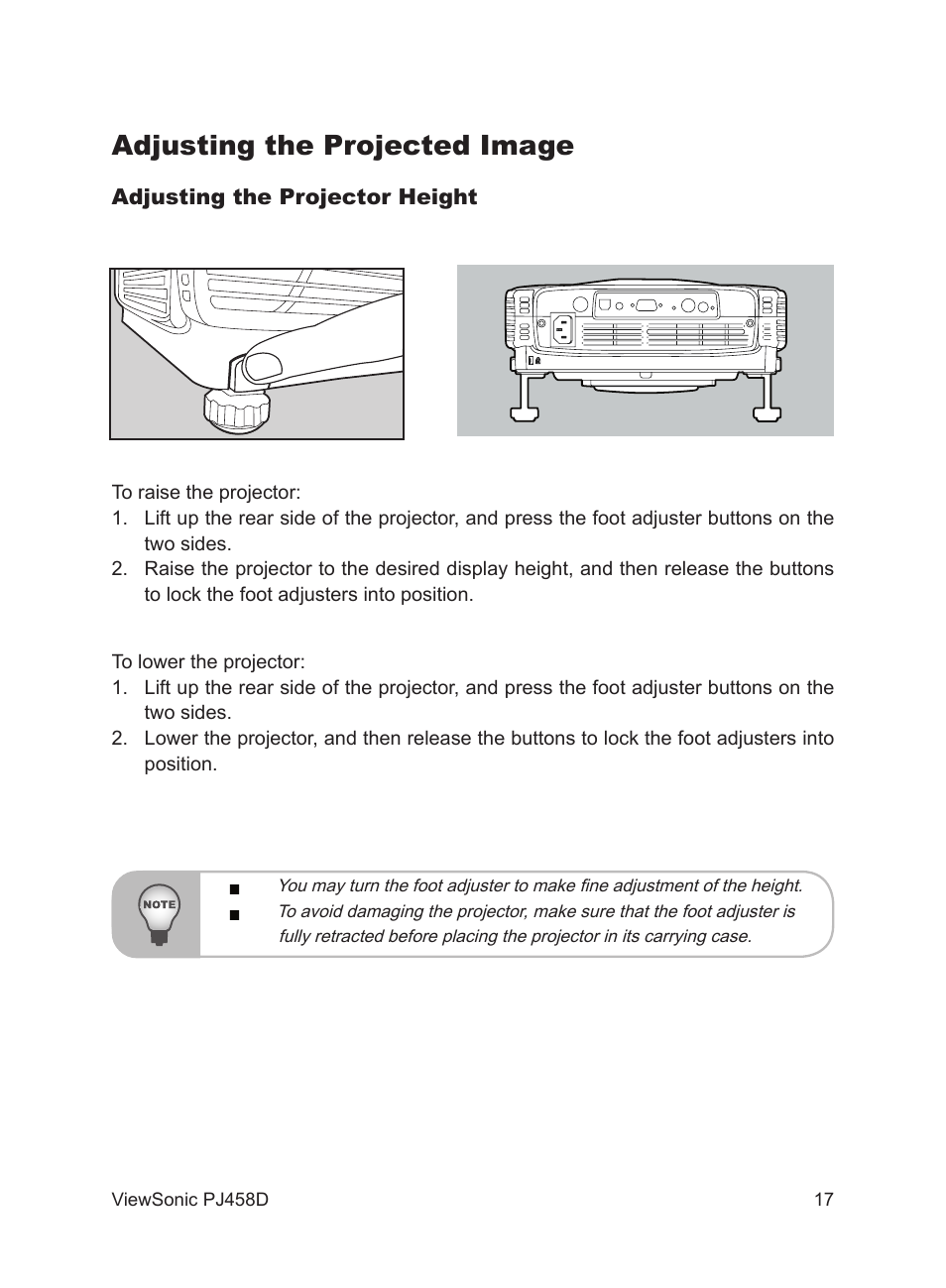 Adjusting the projected image | VIEWSONIC PJ458D User Manual | Page 18 / 42