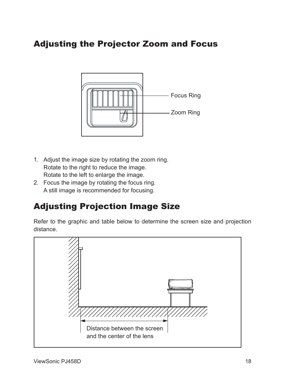 Adjusting the projector zoom and focus, Adjusting projection image size | VIEWSONIC PJ458D User Manual | Page 19 / 42