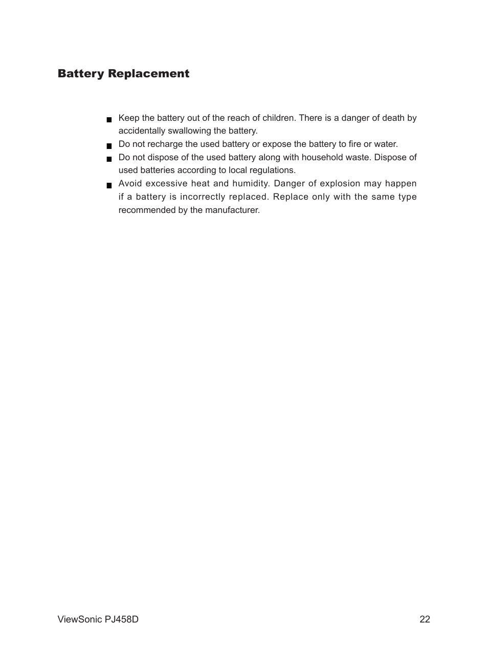 Battery replacement | VIEWSONIC PJ458D User Manual | Page 23 / 42