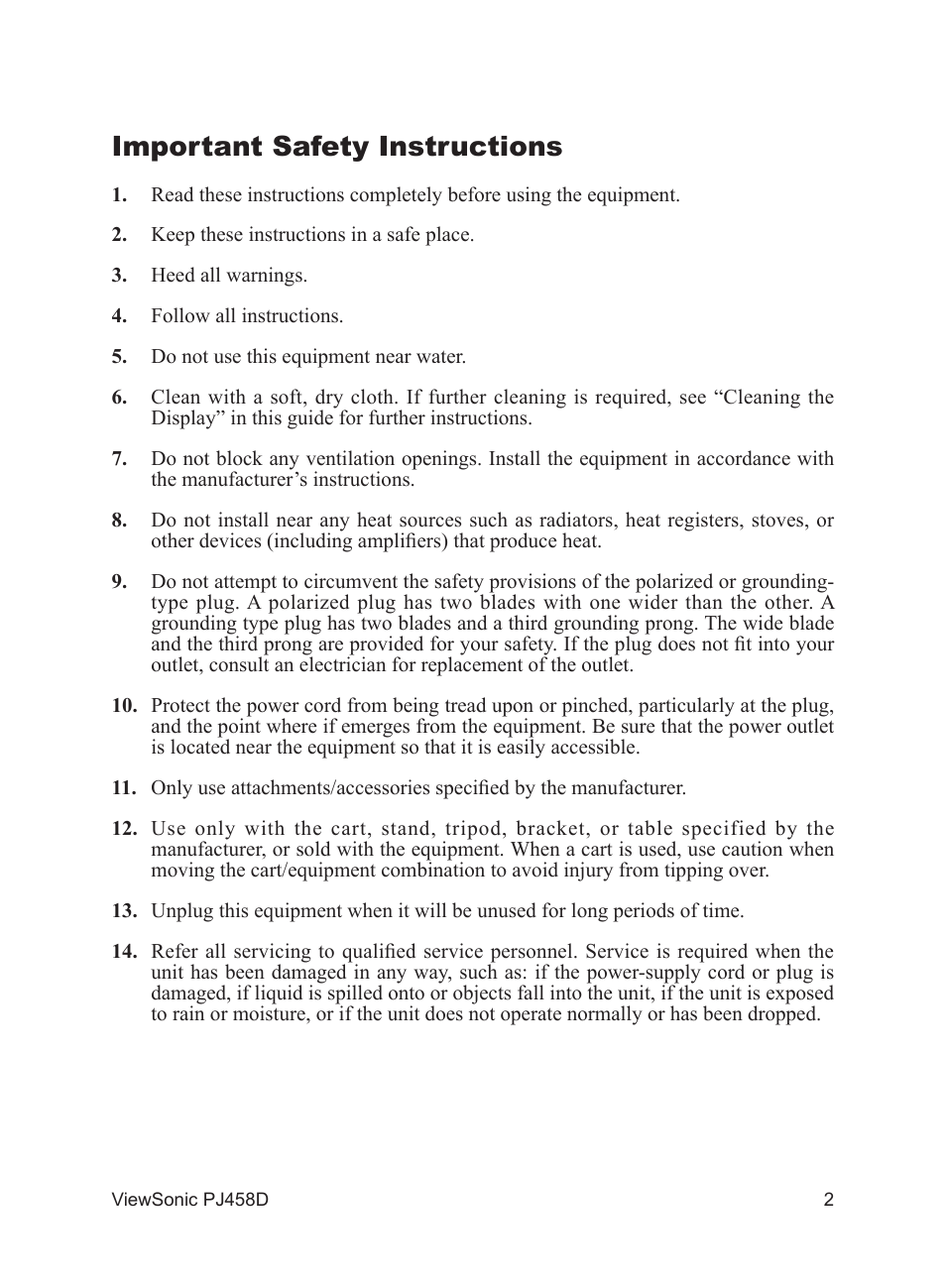 Important safety instructions | VIEWSONIC PJ458D User Manual | Page 3 / 42