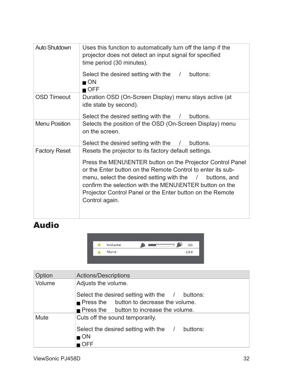 Audio | VIEWSONIC PJ458D User Manual | Page 33 / 42