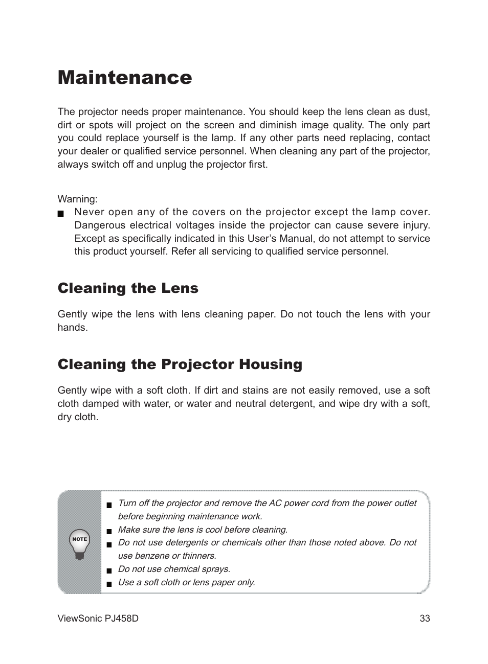 Maintenance, Cleaning the lens, Cleaning the projector housing | VIEWSONIC PJ458D User Manual | Page 34 / 42