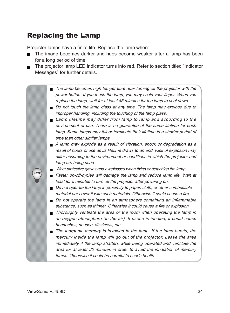 Replacing the lamp | VIEWSONIC PJ458D User Manual | Page 35 / 42