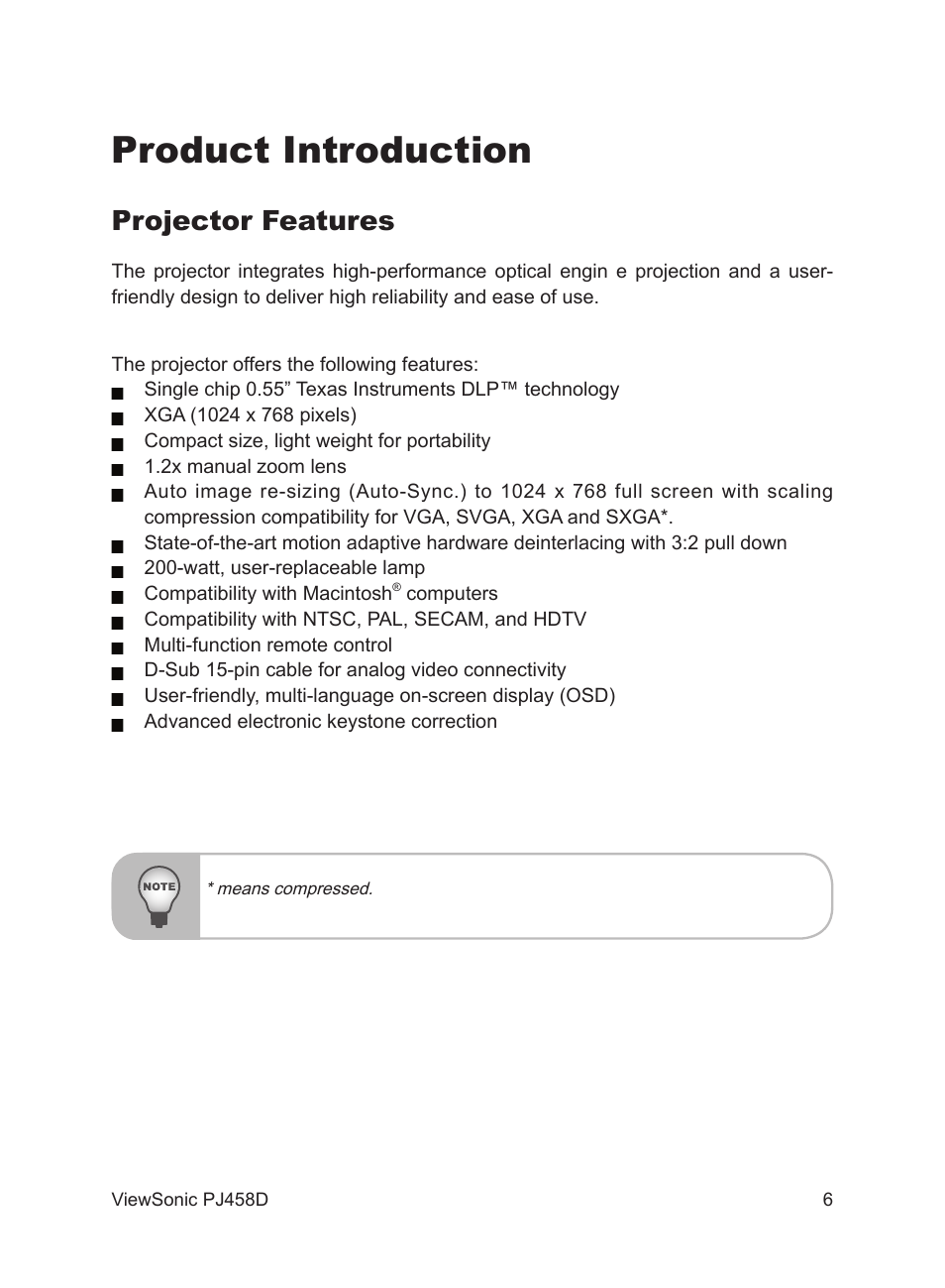 Product introduction, Projector features | VIEWSONIC PJ458D User Manual | Page 7 / 42