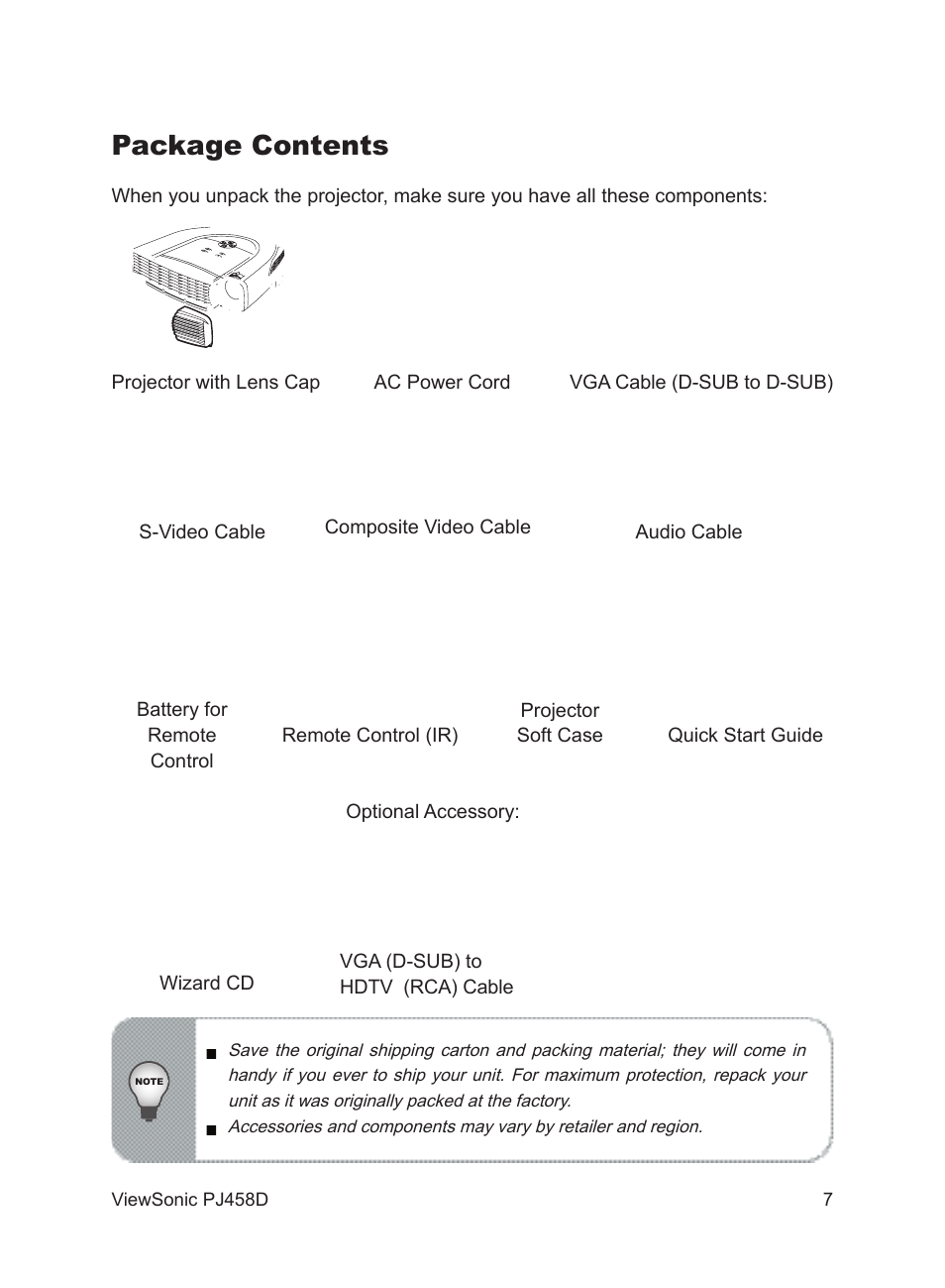 Package contents | VIEWSONIC PJ458D User Manual | Page 8 / 42