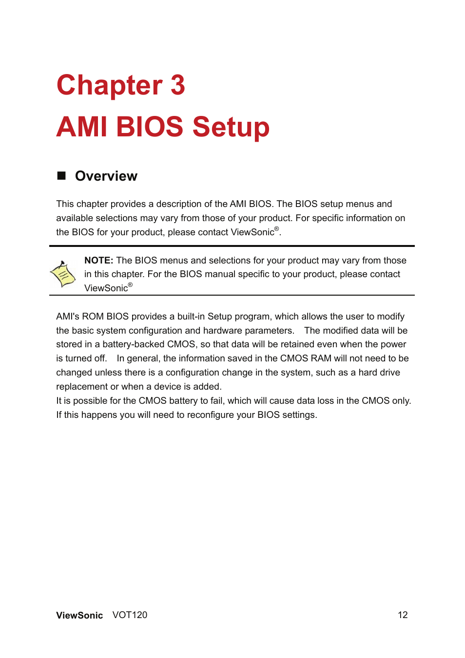 Chapter 3 ami bios setup, Overview | VIEWSONIC VOT120 User Manual | Page 20 / 38