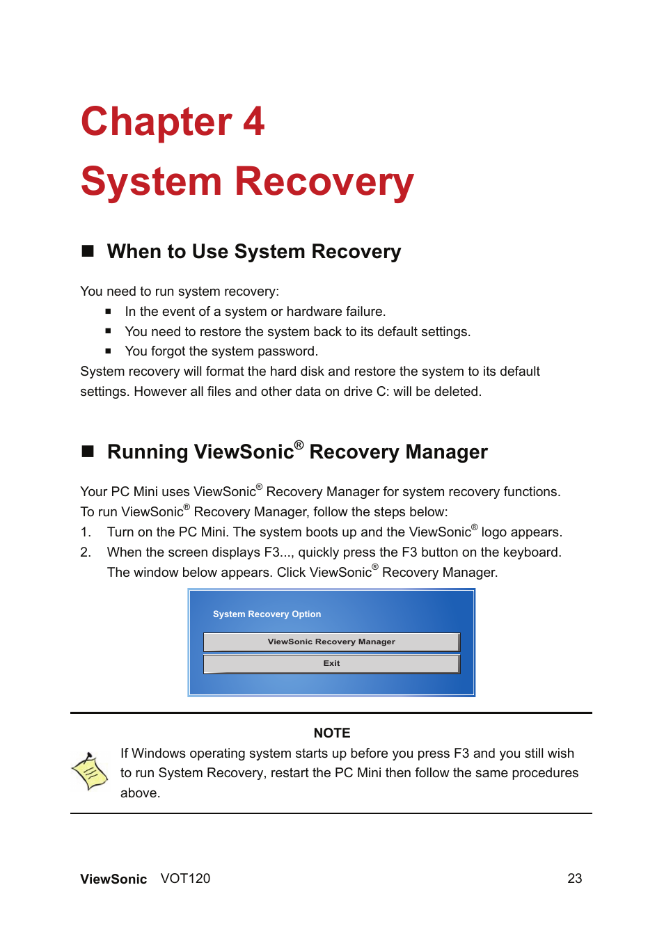Chapter 4 system recovery, When to use system recovery, Running viewsonic | Recovery manager | VIEWSONIC VOT120 User Manual | Page 31 / 38