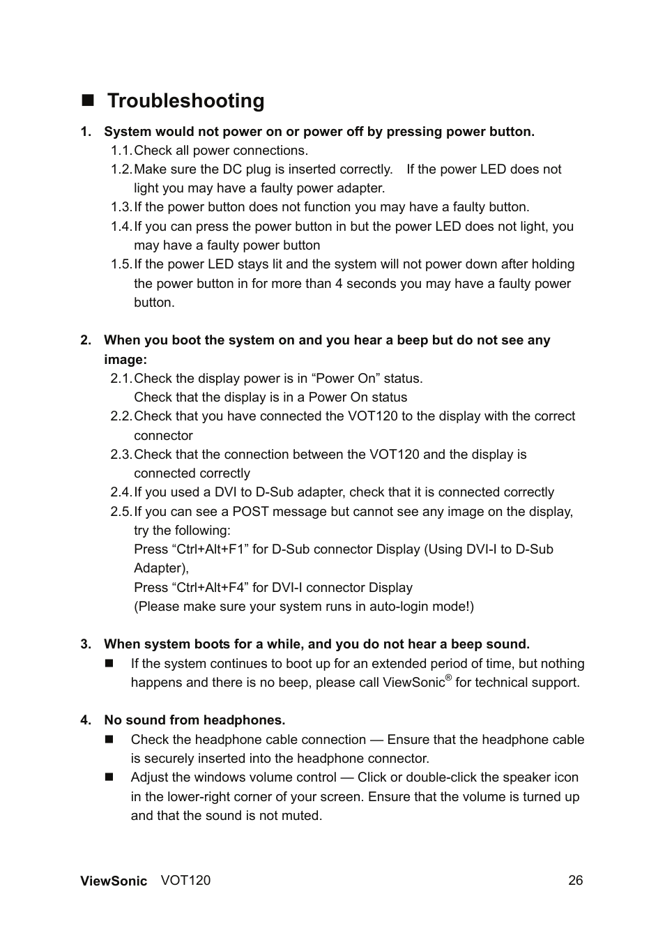 Troubleshooting | VIEWSONIC VOT120 User Manual | Page 34 / 38