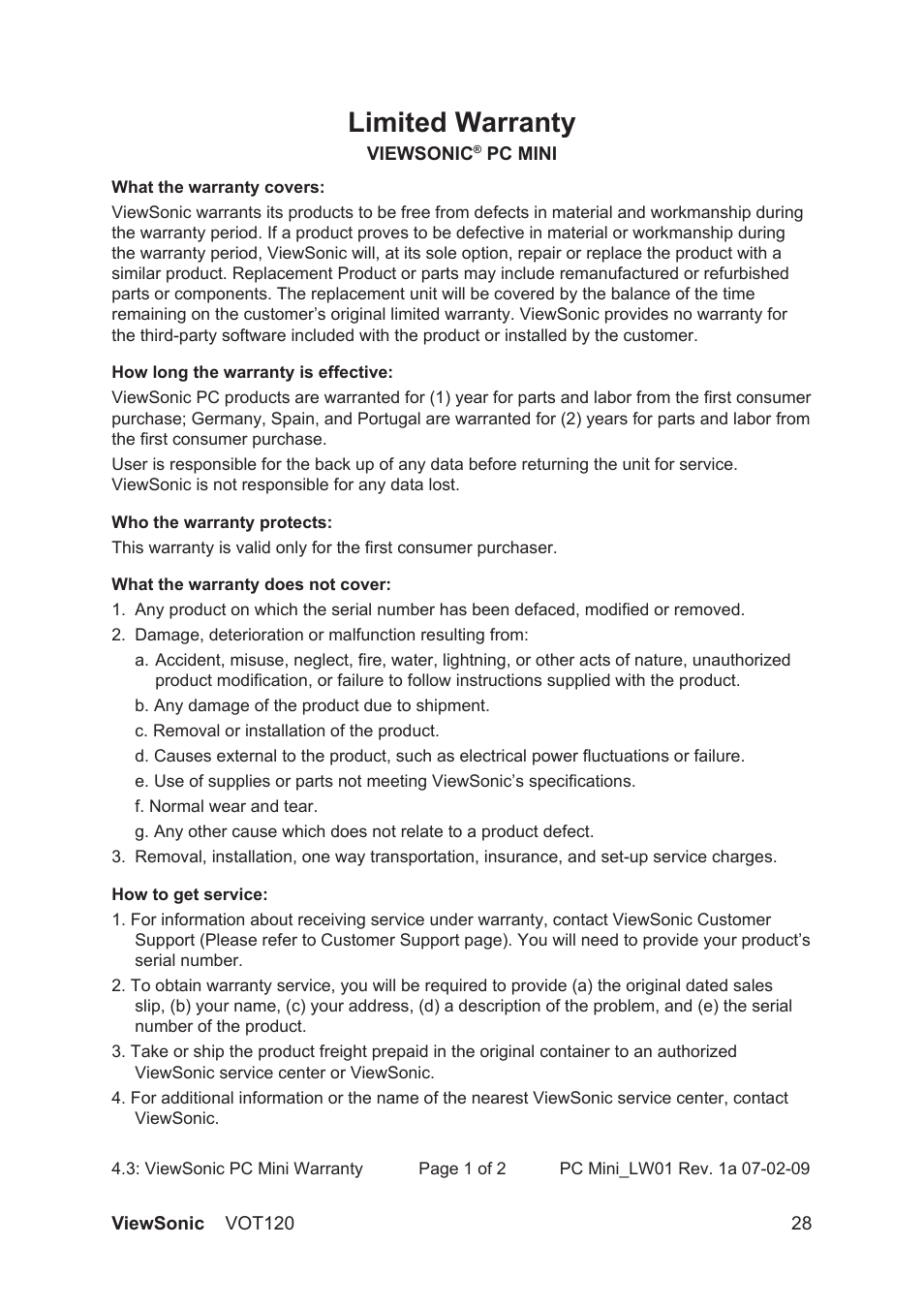 Limited warranty | VIEWSONIC VOT120 User Manual | Page 36 / 38