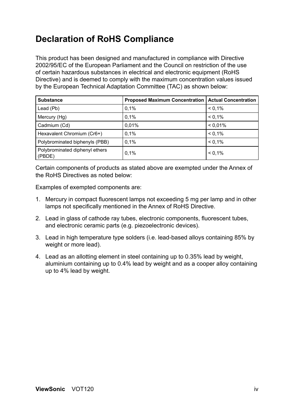 Declaration of rohs compliance | VIEWSONIC VOT120 User Manual | Page 5 / 38